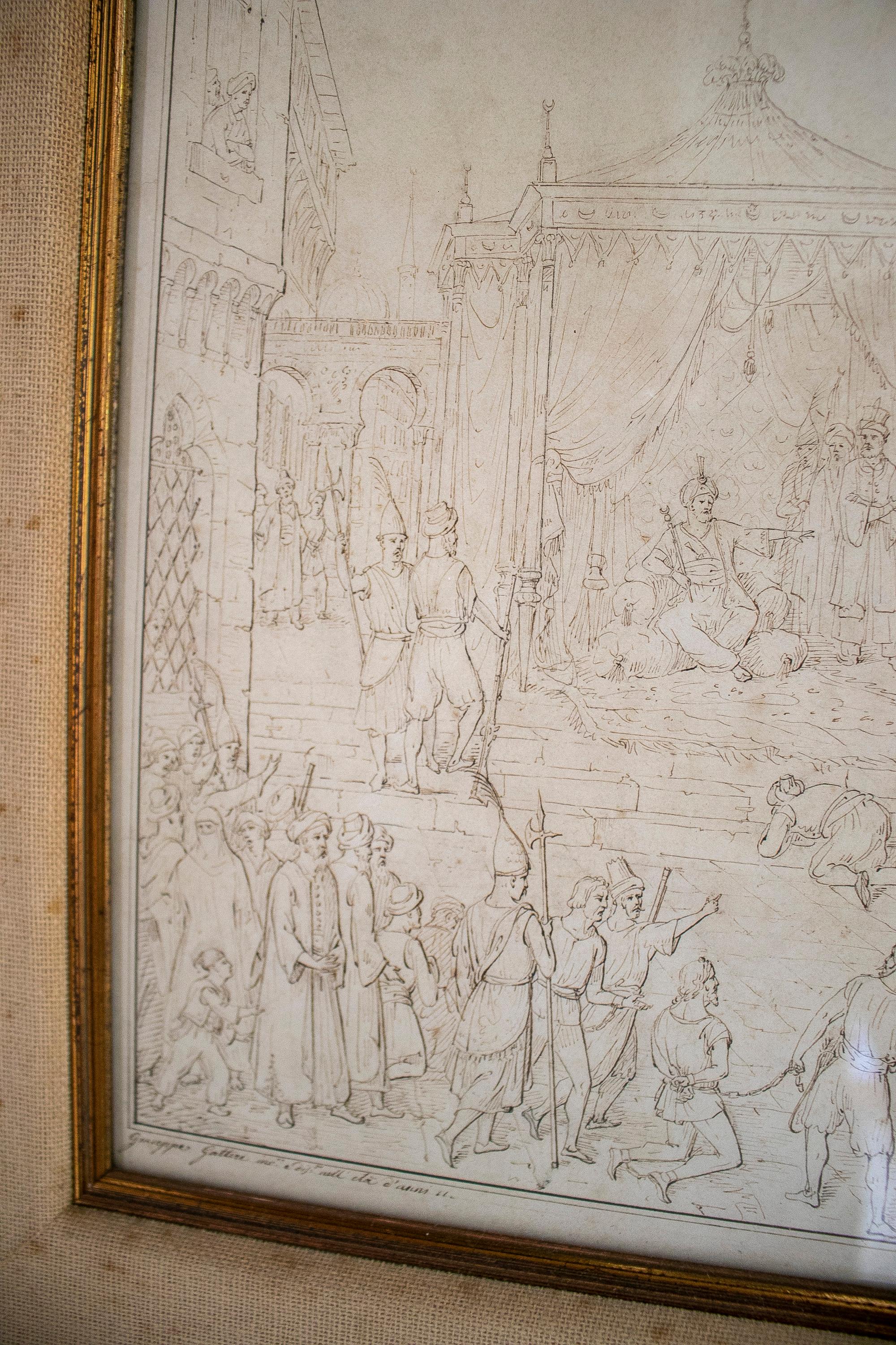 18th Century Italian City People Drawing w/ Frame In Good Condition For Sale In Marbella, ES