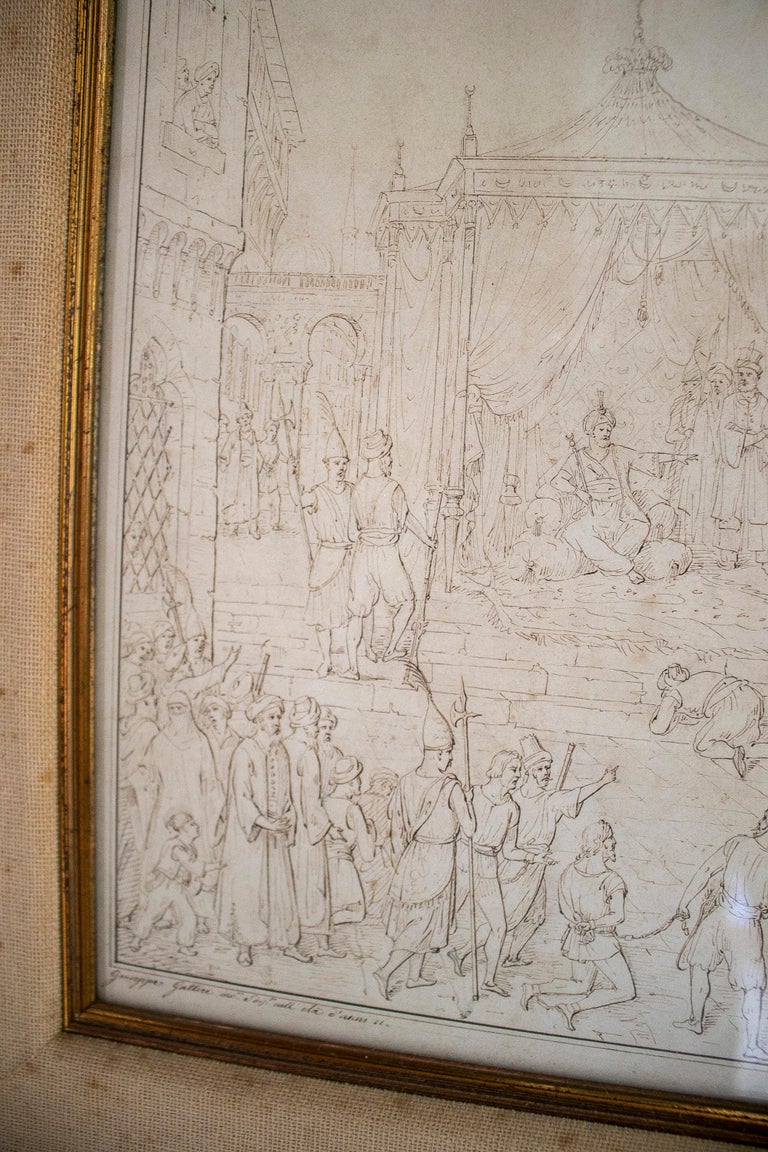 18th Century Italian City People Drawing w/ Frame In Good Condition For Sale In Malaga, ES