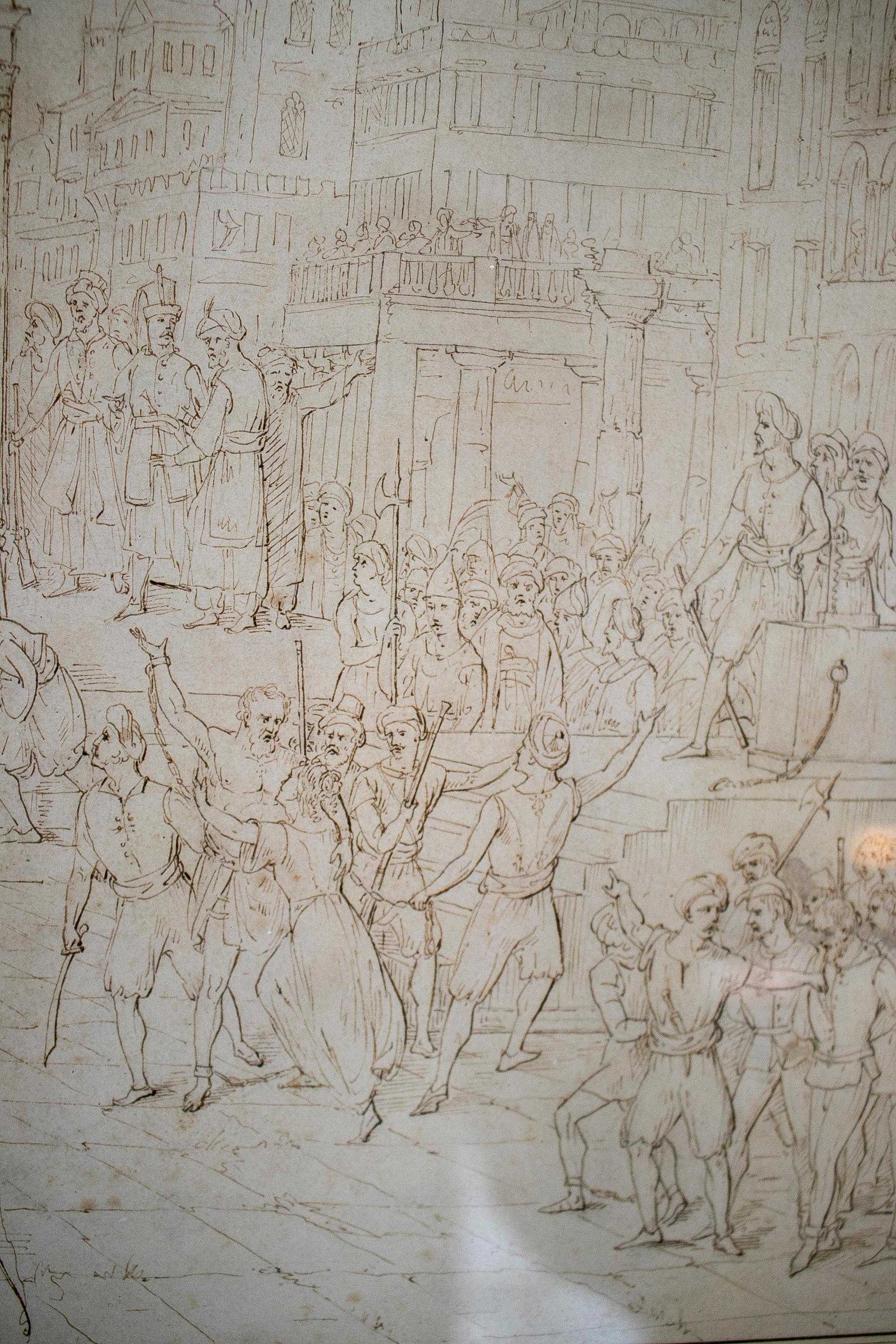 18th Century Italian City People Drawing w/ Frame For Sale 5