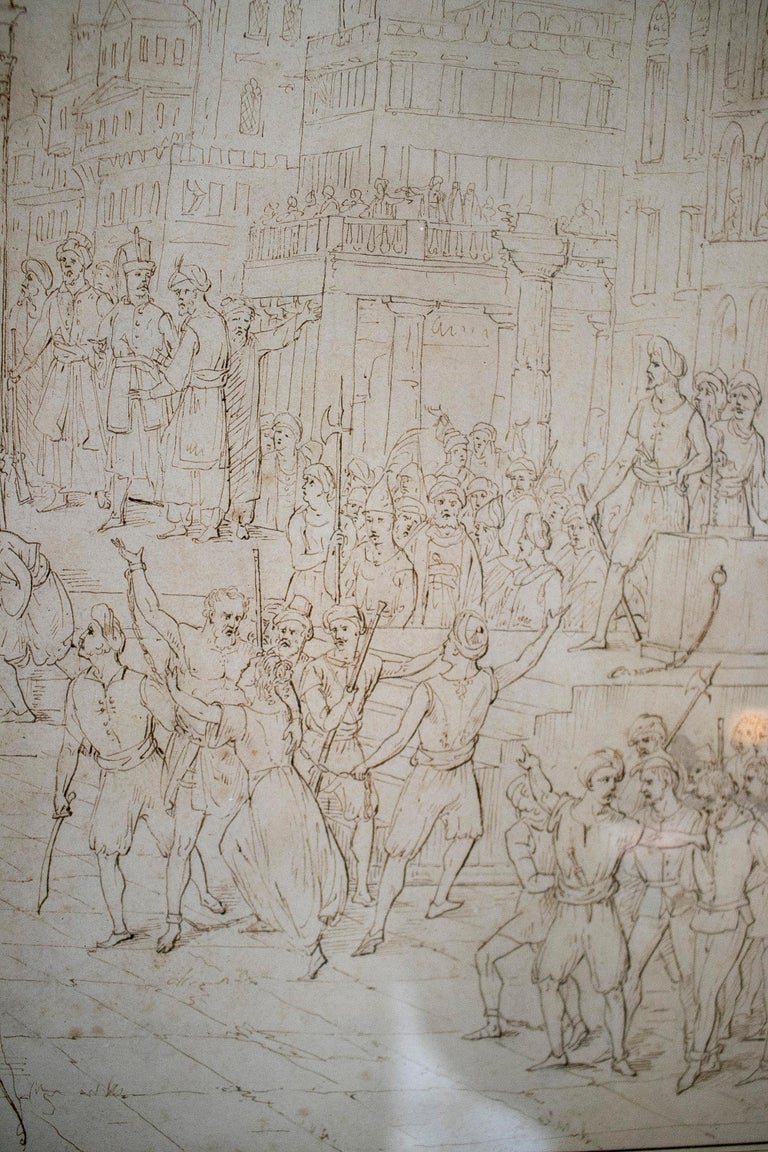 18th Century Italian City People Drawing w/ Frame For Sale 5