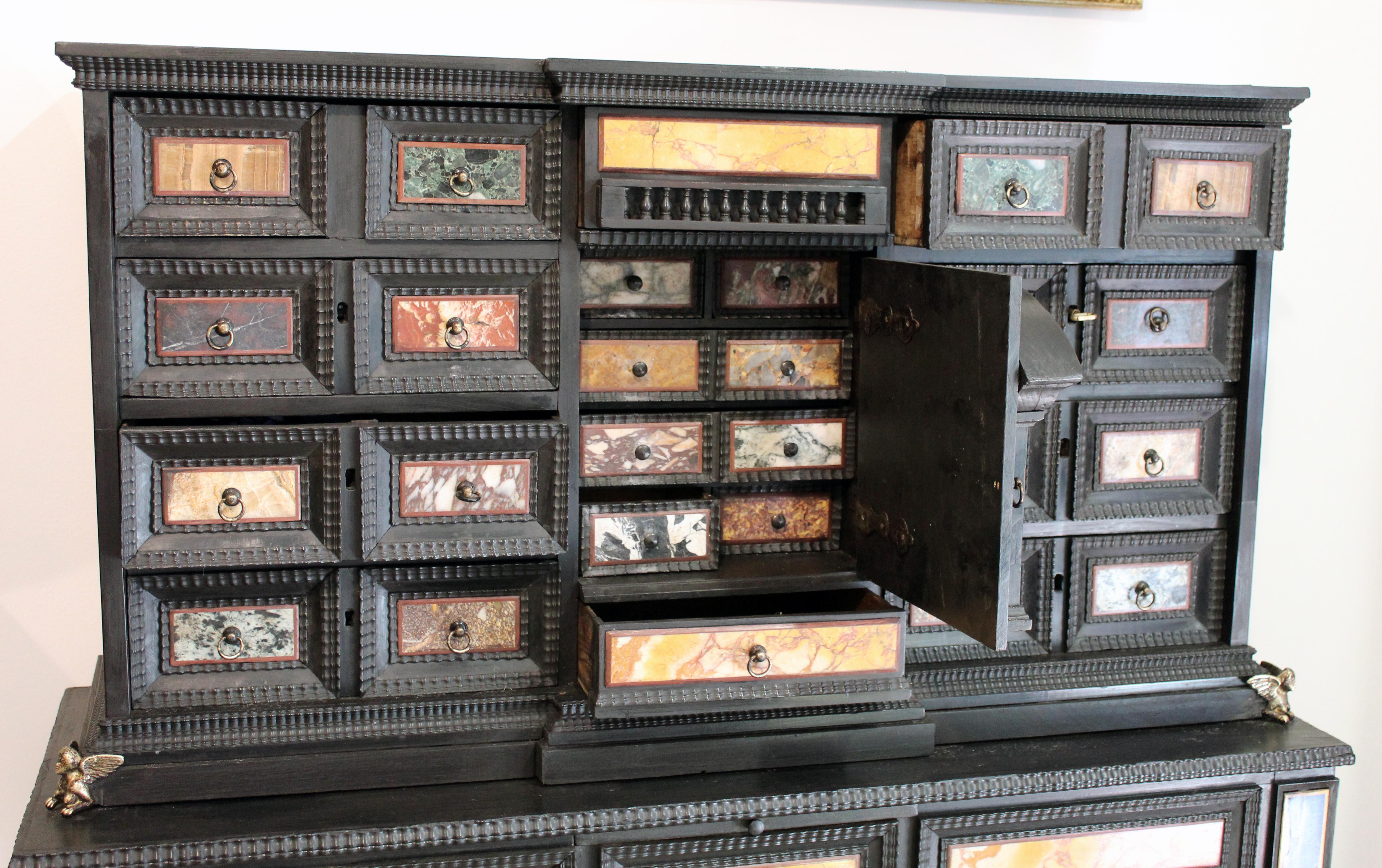 18th Century Italian Classical Roman Marble and Pietra Dura Ebony Large Cabinet For Sale 7