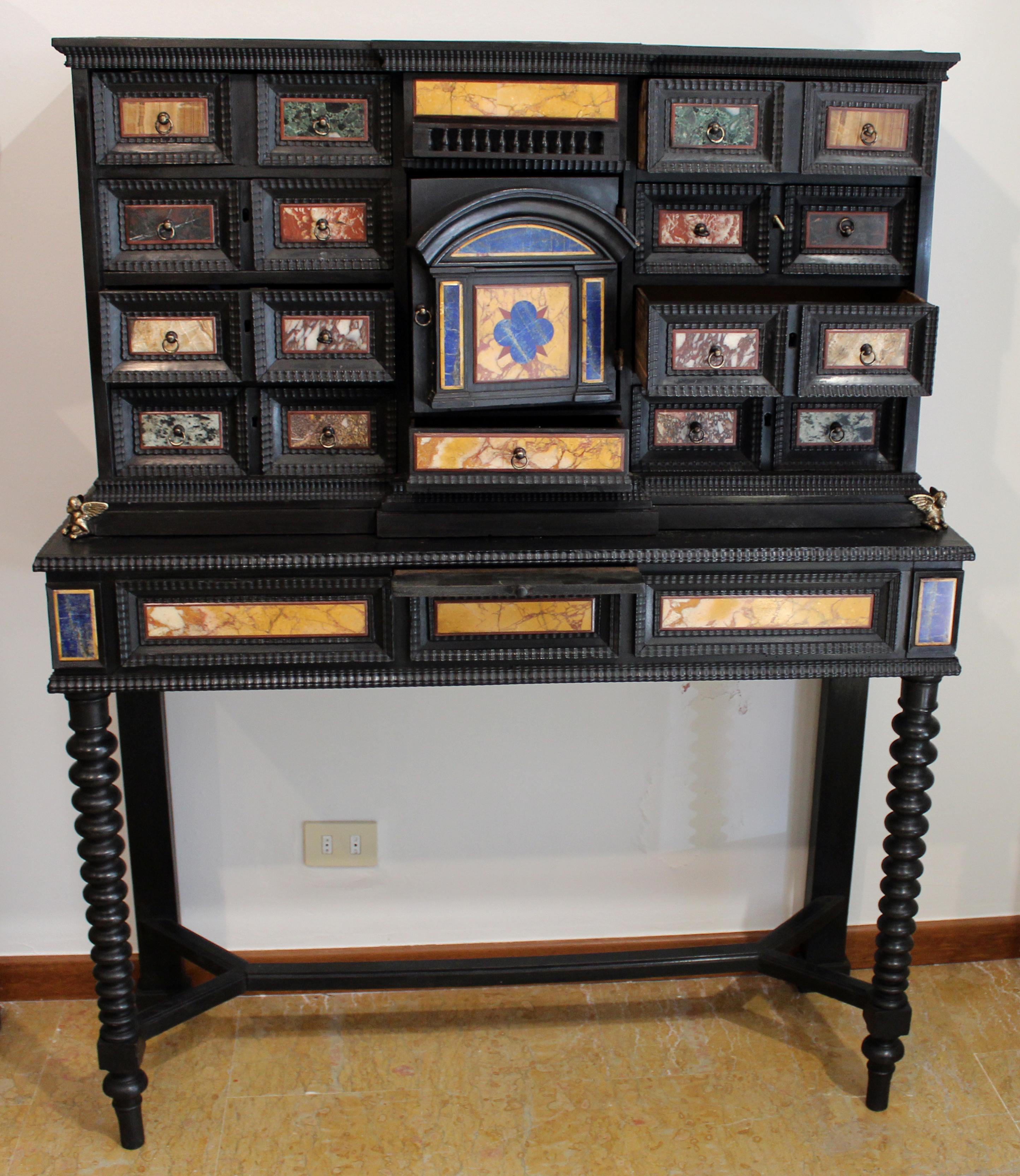 18th Century Italian Classical Roman Marble and Pietra Dura Ebony Large Cabinet For Sale 11