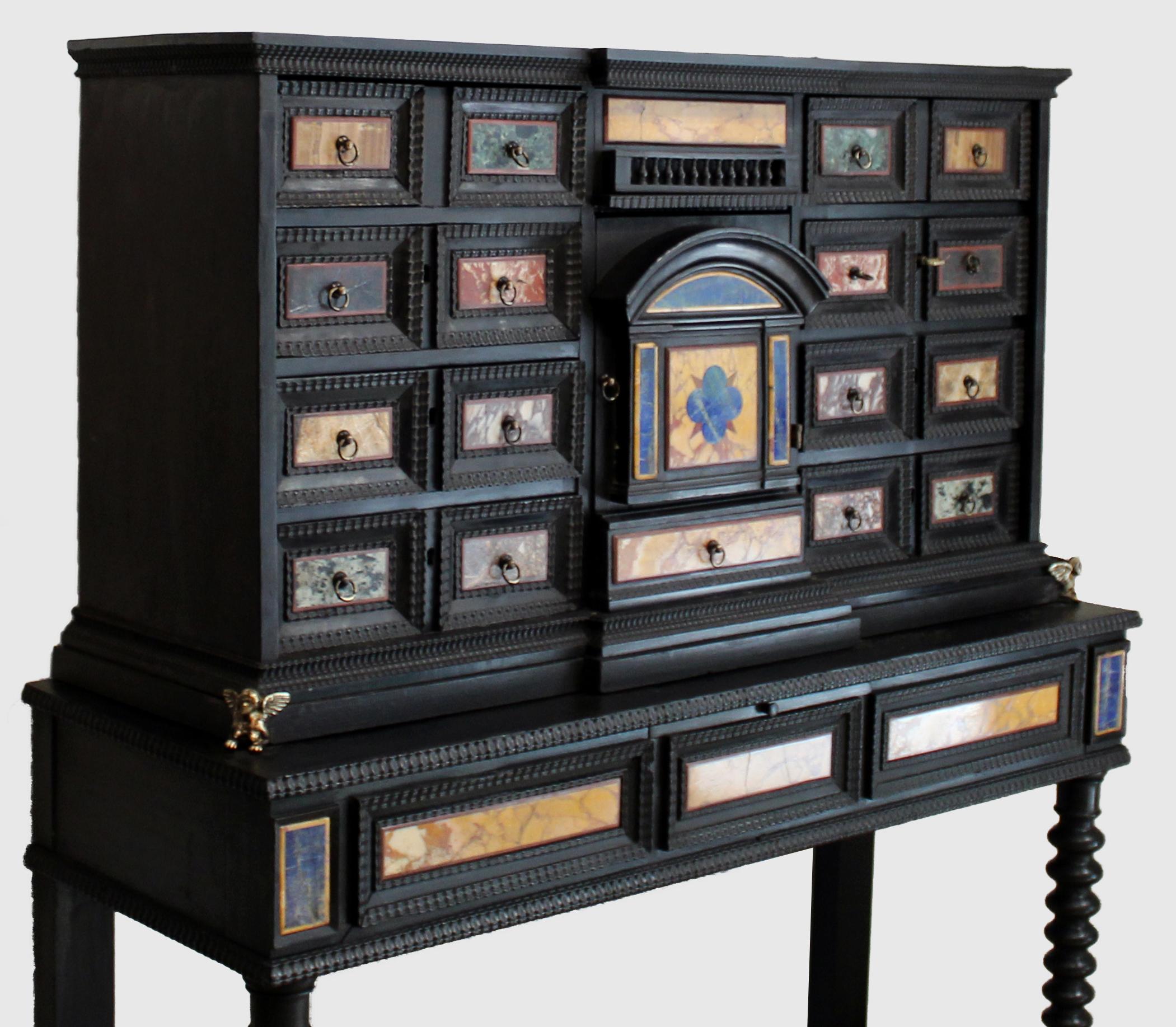 18th Century Italian Classical Roman Marble and Pietra Dura Ebony Large Cabinet For Sale 12