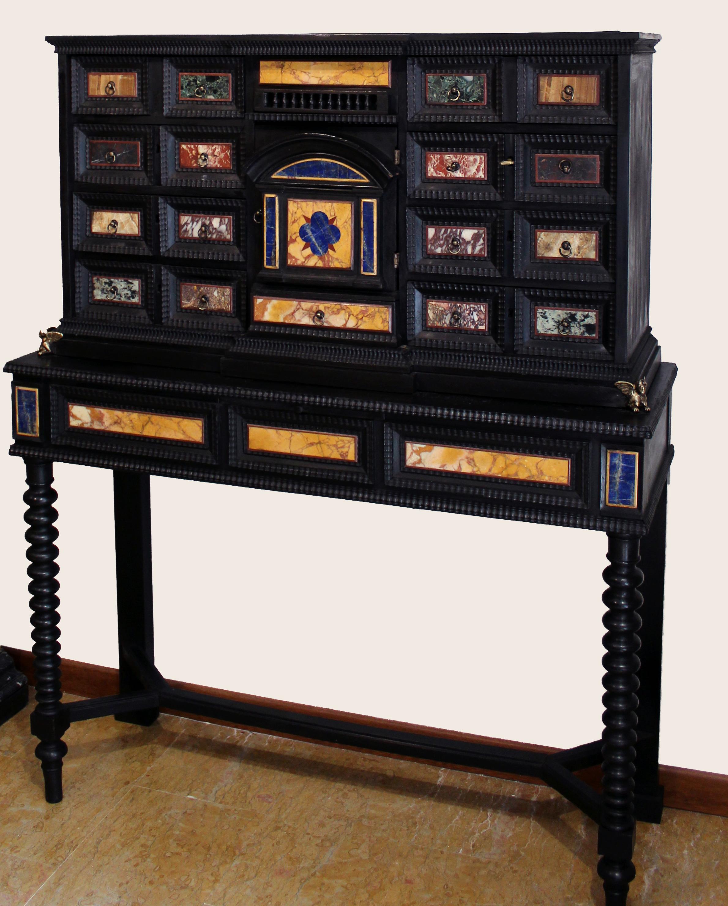 18th Century Italian Classical Roman Marble and Pietra Dura Ebony Large Cabinet For Sale 13