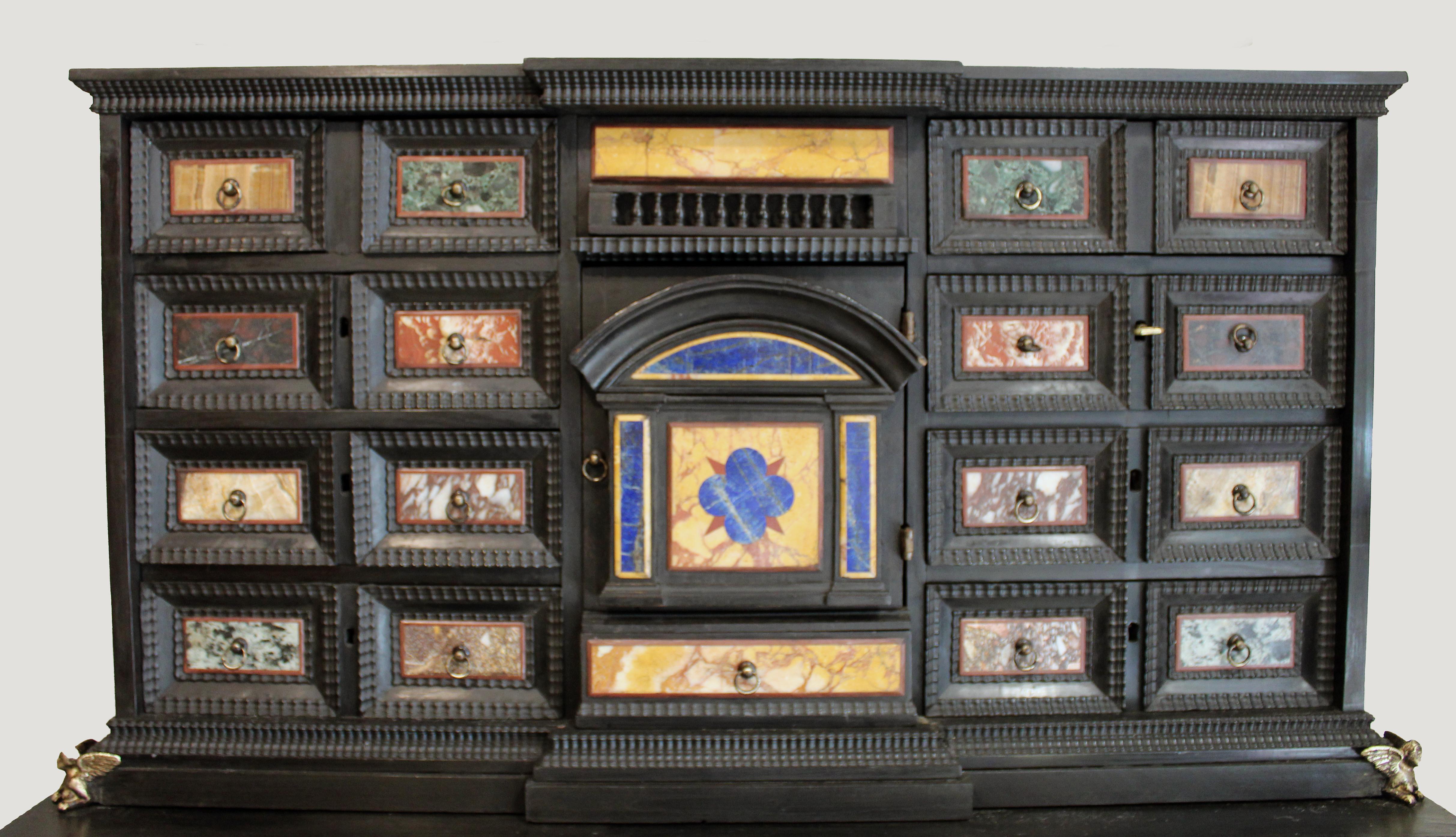 18th Century Italian Classical Roman Marble and Pietra Dura Ebony Large Cabinet For Sale 16