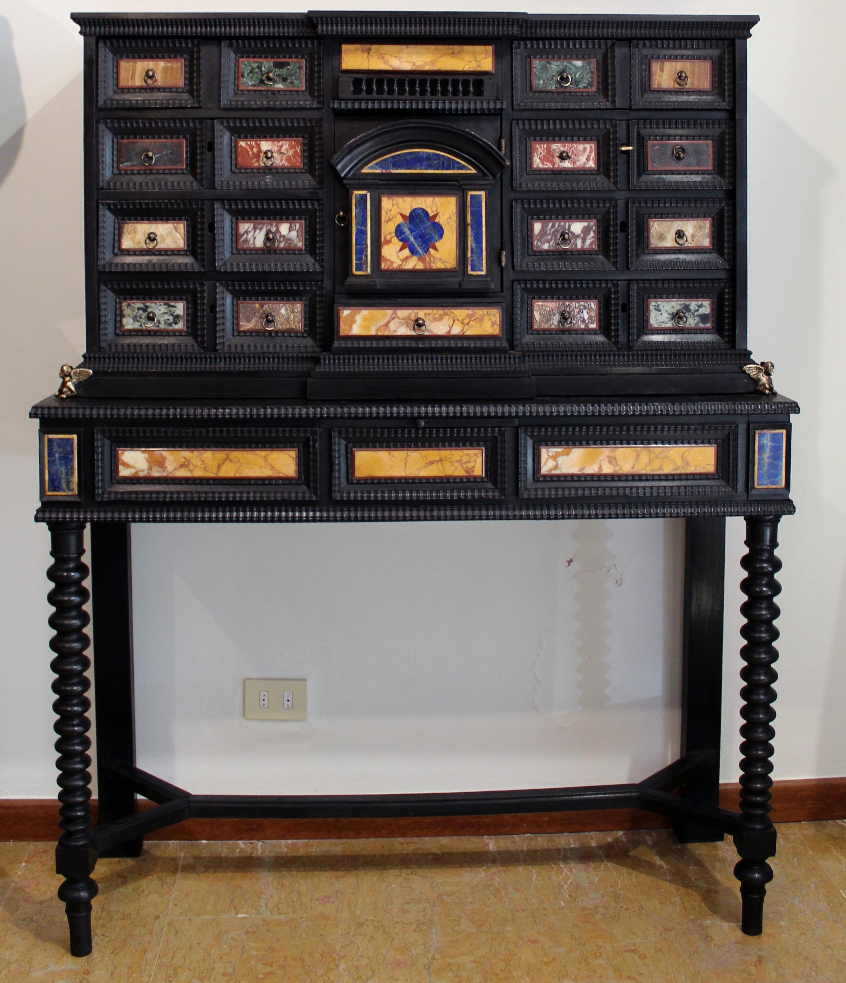 Lapis Lazuli 18th Century Italian Classical Roman Marble and Pietra Dura Ebony Large Cabinet For Sale