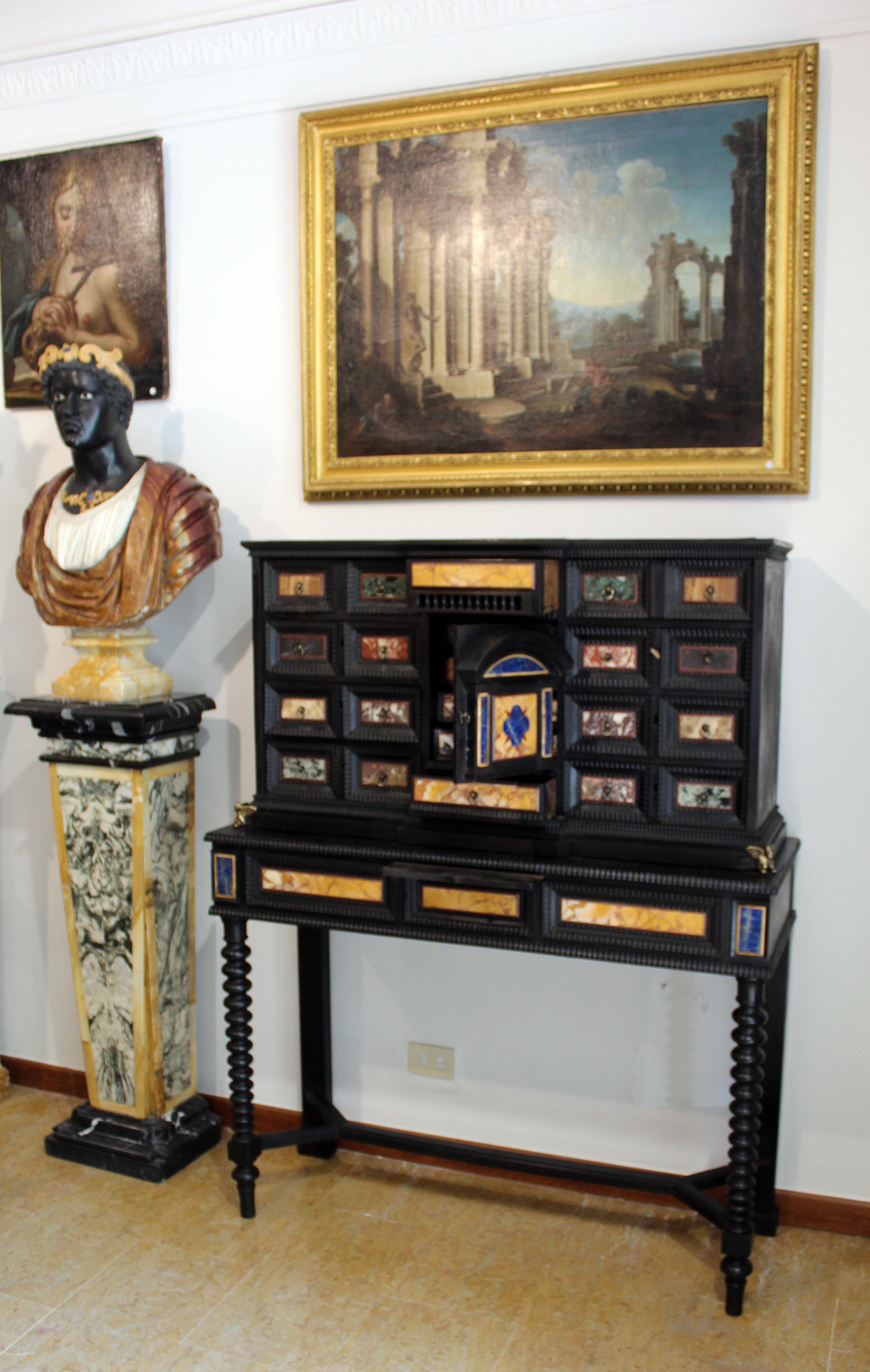 18th Century Italian Classical Roman Marble and Pietra Dura Ebony Large Cabinet For Sale 3