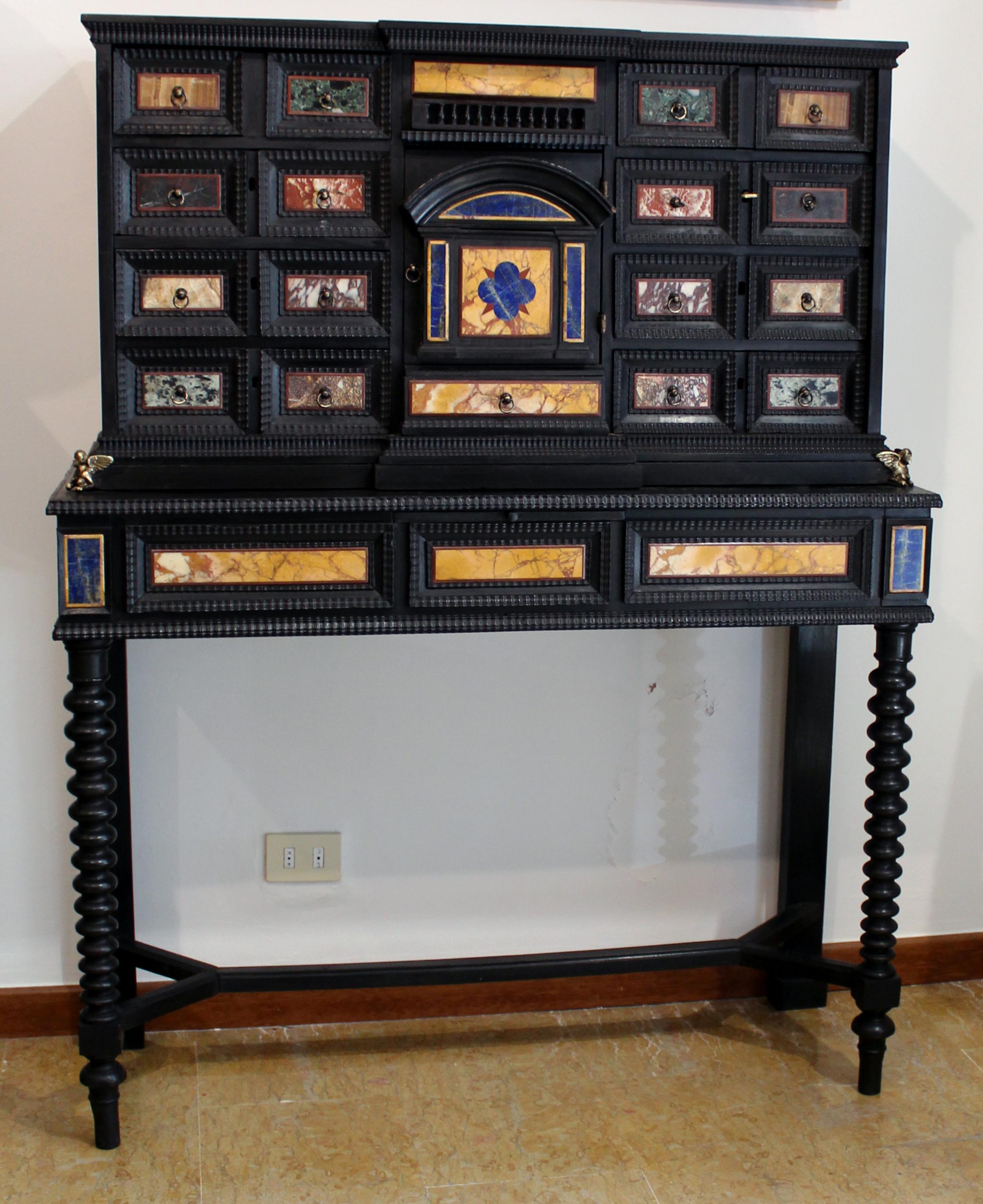 18th Century Italian Classical Roman Marble and Pietra Dura Ebony Large Cabinet For Sale 5