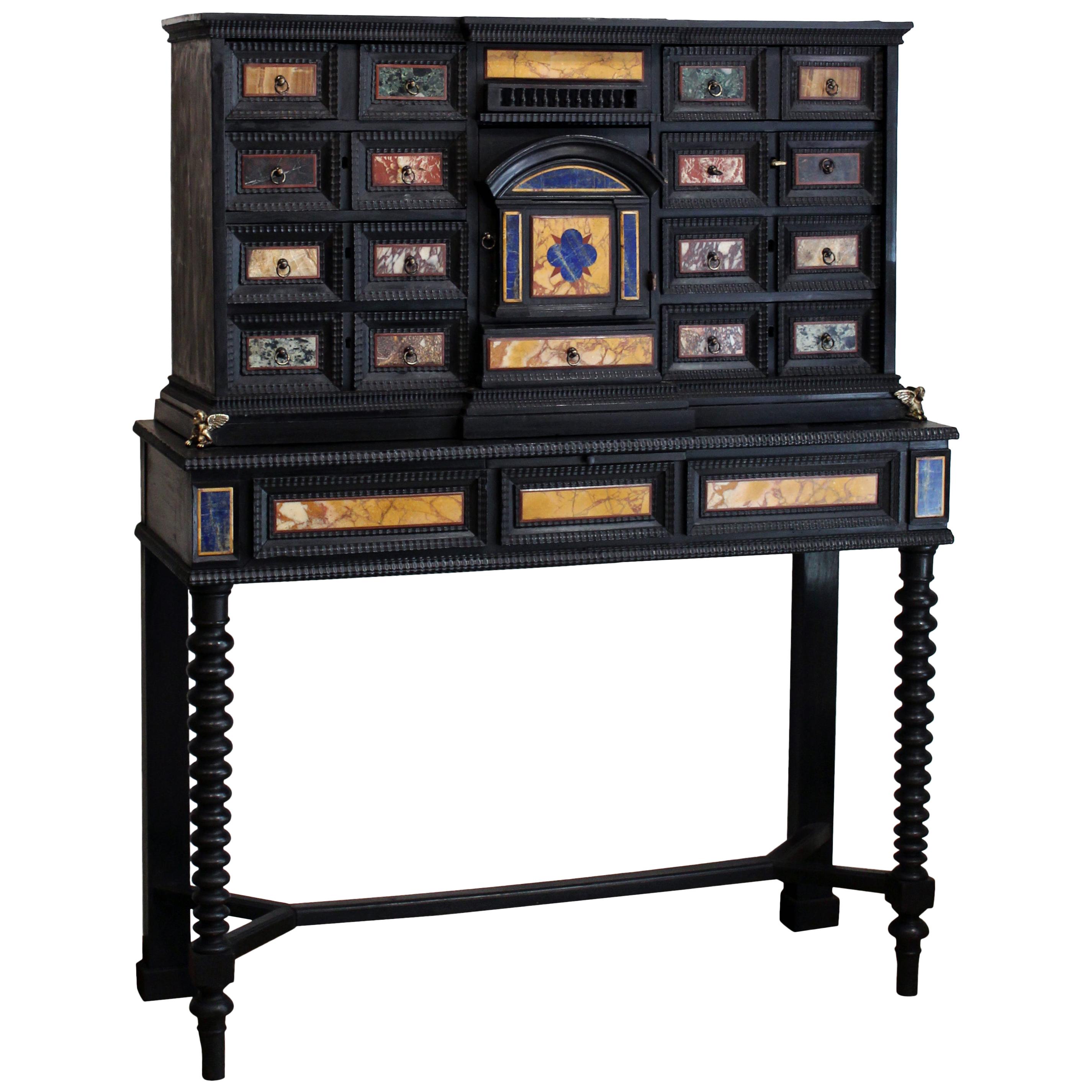 18th Century Italian Classical Roman Marble and Pietra Dura Ebony Large Cabinet For Sale