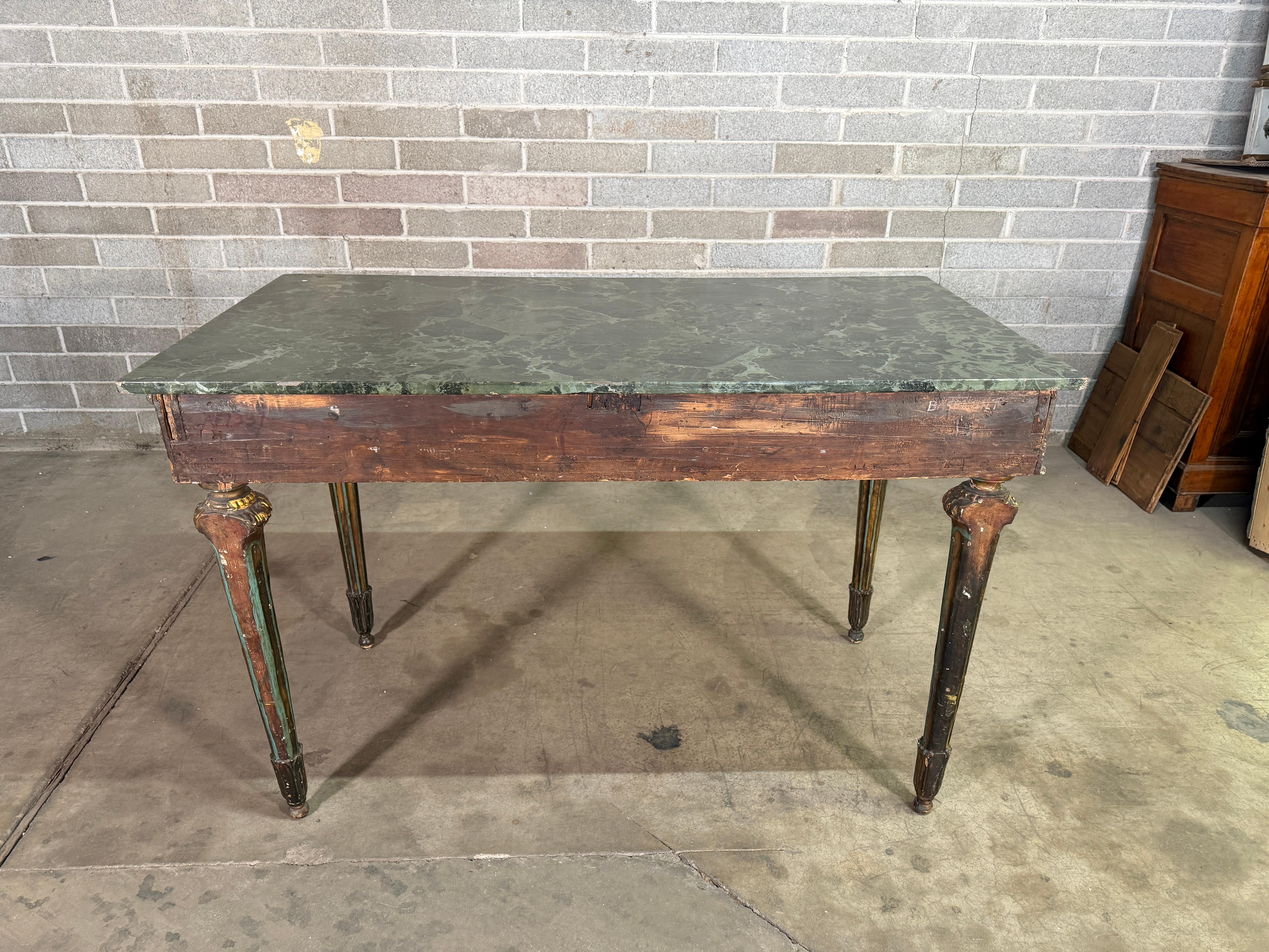 18th Century Italian Console Table with Gold Leaf & Faux Marble Top
Gorgeous piece purchased in France. 
Age appropriate wear, see detailed photos. 
Message us with any questions. 