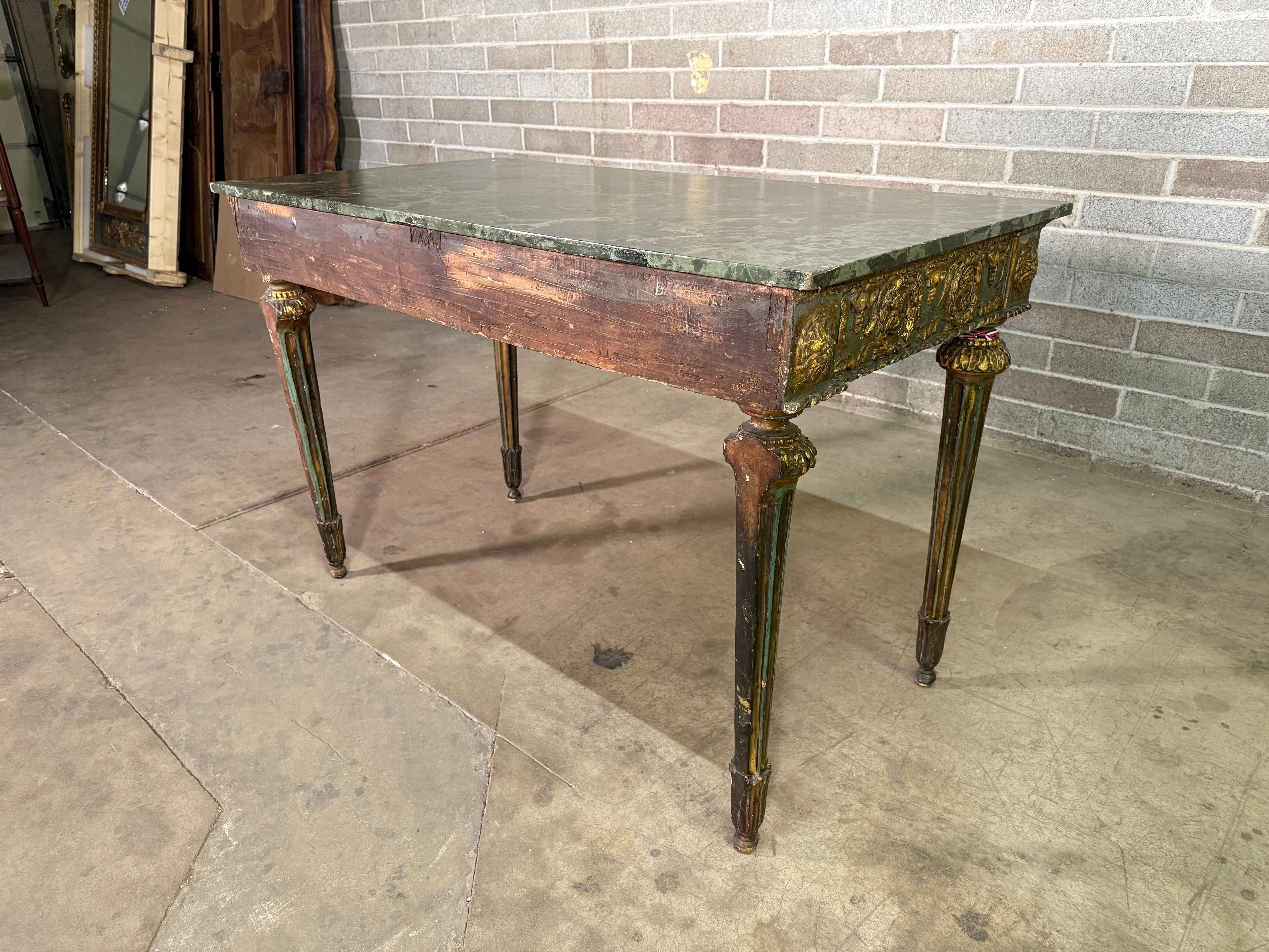 Louis XVI 18th Century Italian Console Table with Gold Leaf & Faux Marble Top For Sale