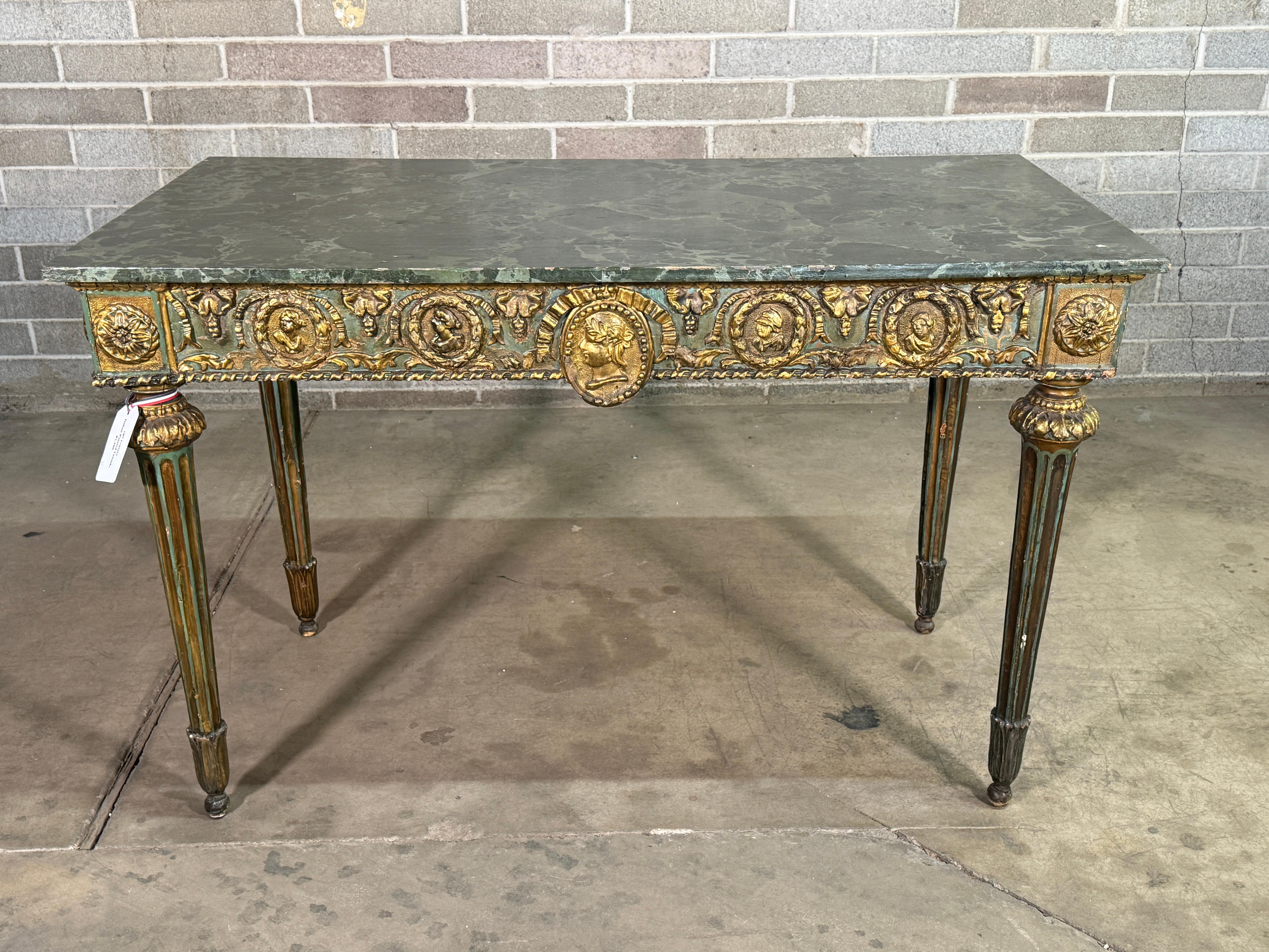 French 18th Century Italian Console Table with Gold Leaf & Faux Marble Top For Sale