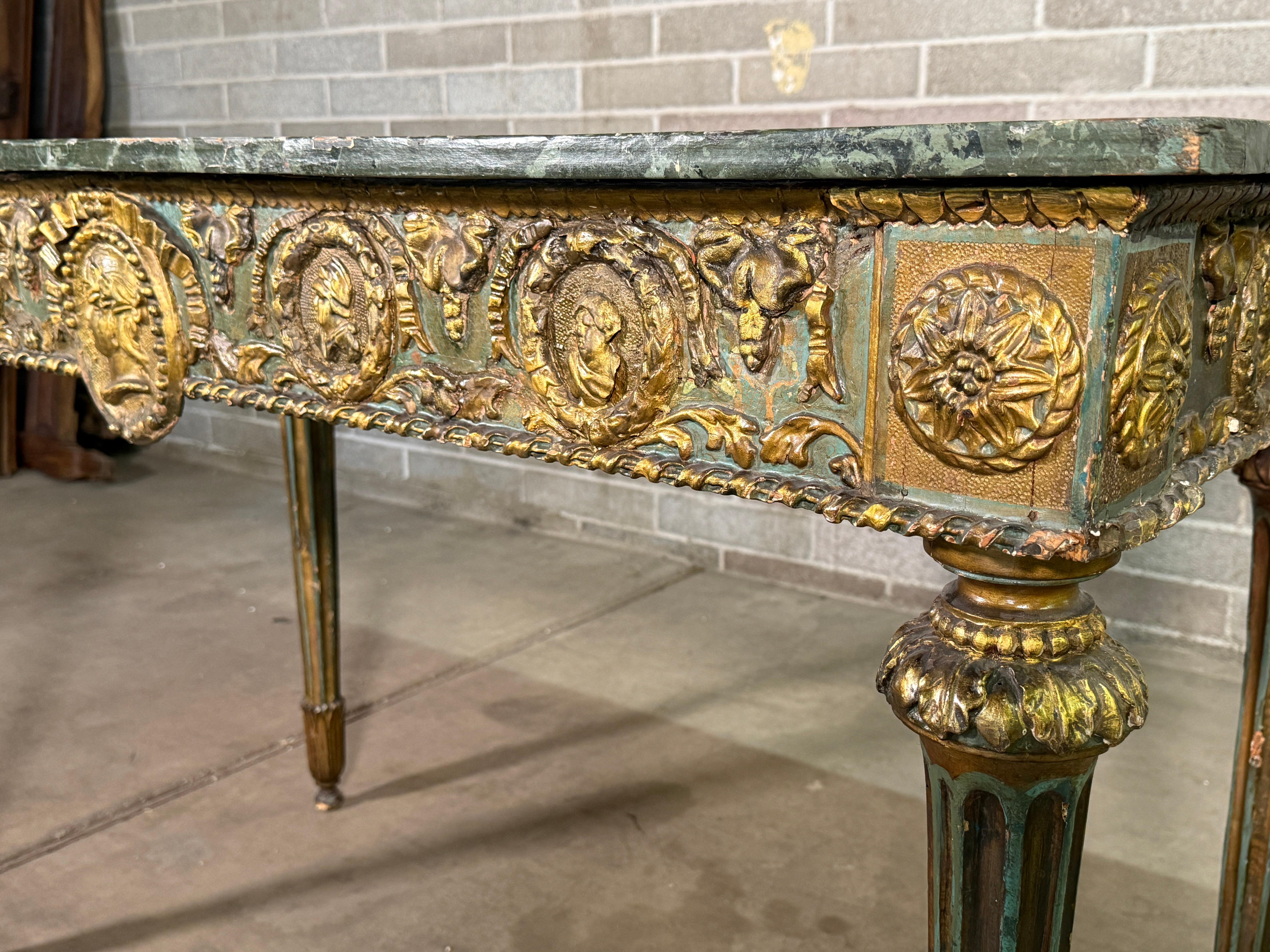 18th Century and Earlier 18th Century Italian Console Table with Gold Leaf & Faux Marble Top For Sale