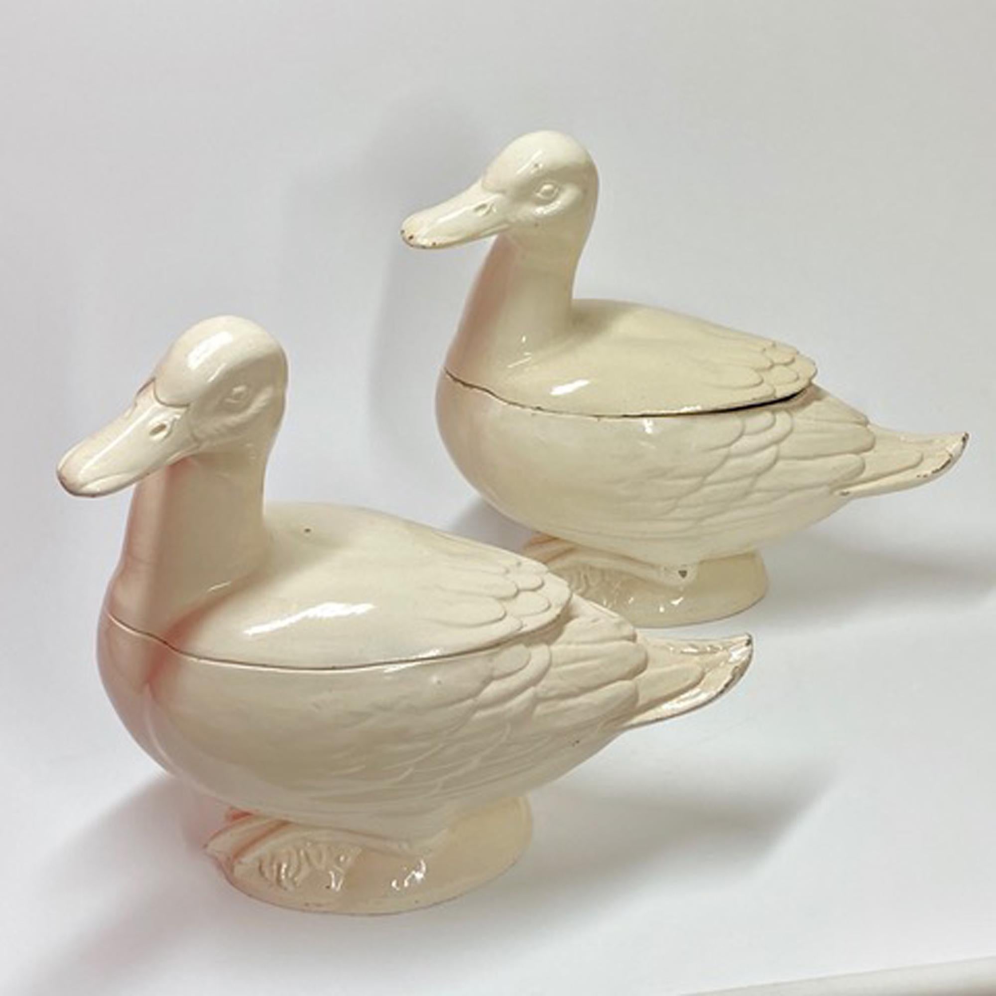 Italian Creamware Tromp L'oeil Tureens in the form of Ducks, 
Nove di Bassano,
circa 1800

The fine earthenware soup tureens are from Nove di Bassano. They are tromp L'oeil in the form of ducks on a mound. 

Pasquale Antonibon Factory - Nove