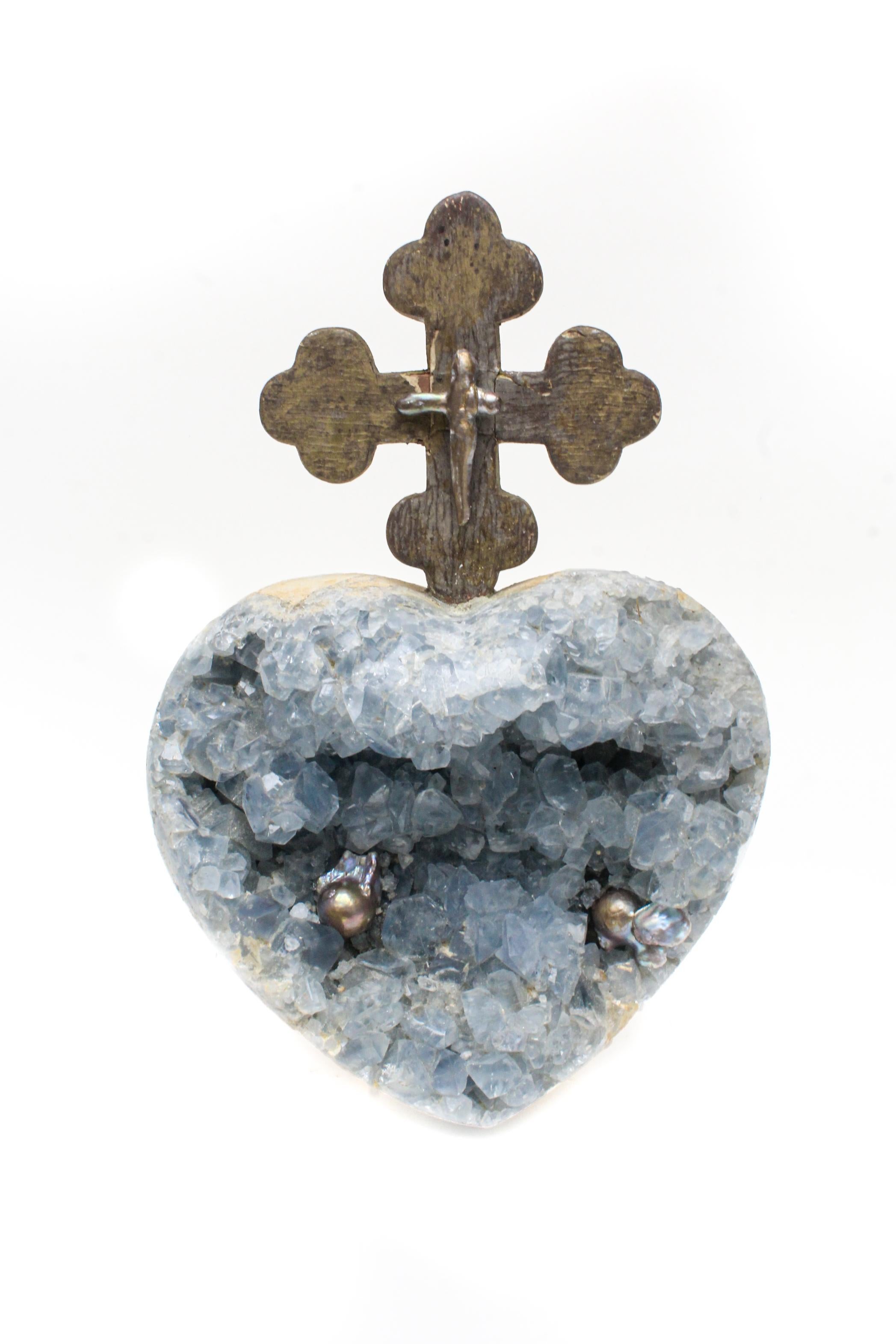 18th century Italian cross mounted on a blue celestial geode heart and adorned with natural-forming baroque pearls and a cross-shaped baroque pearl adorning the cross. The piece is inspired by 