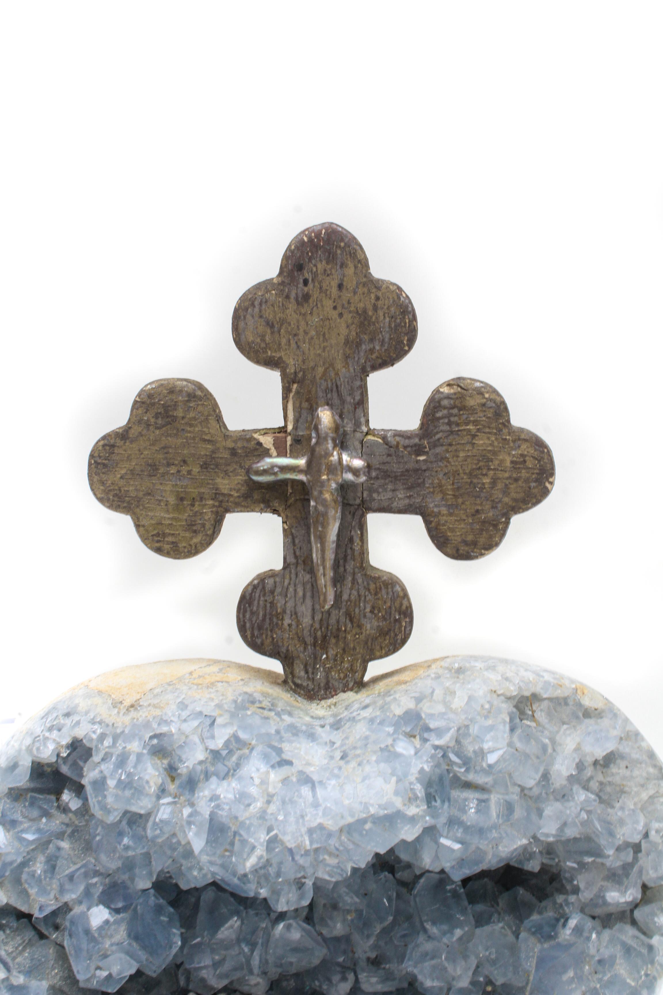 18th Century and Earlier 18th Century Italian Cross on a Blue Celestial Geode Heart with Baroque Pearls