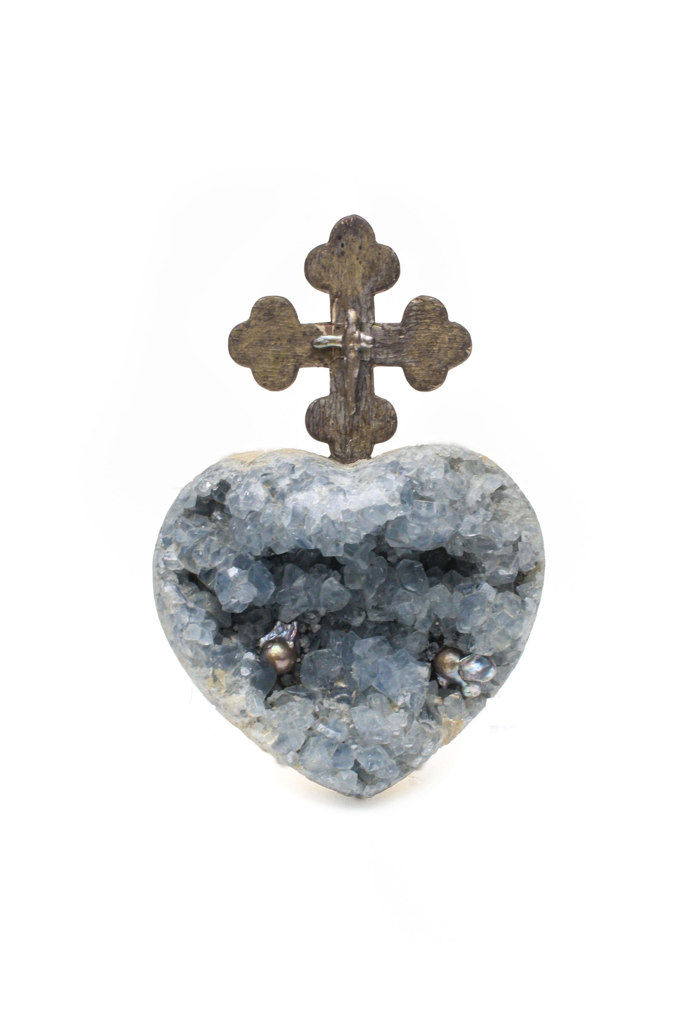 Rock Crystal 18th Century Italian Cross on a Blue Celestial Geode Heart with Baroque Pearls