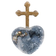18th Century Italian Cross on a Blue Celestial Geode Heart with Baroque Pearls
