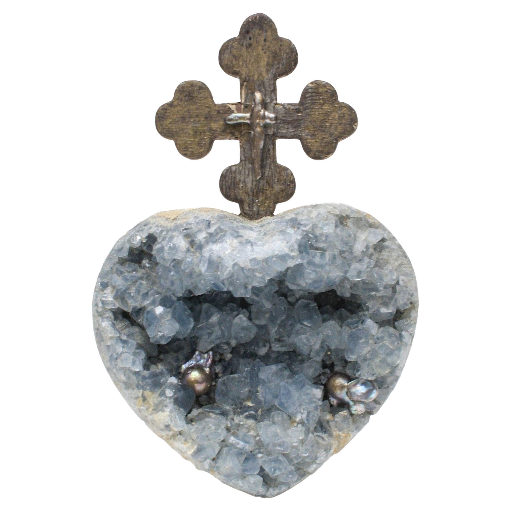 18th Century Italian Cross on a Blue Celestial Geode Heart with Baroque Pearls