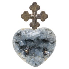 18th Century Italian Cross on a Blue Celestial Geode Heart with Baroque Pearls