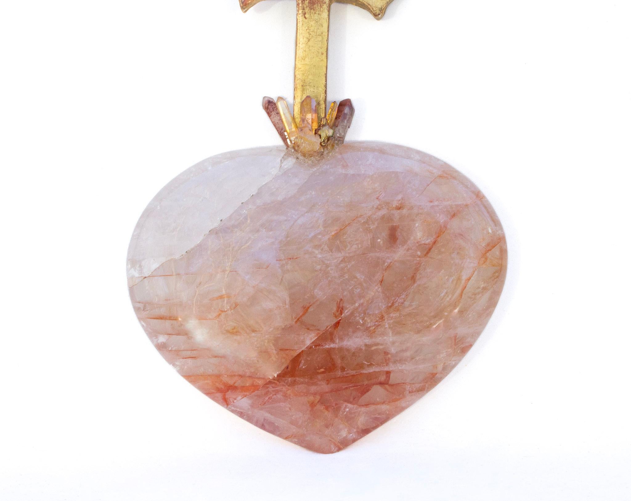 Rococo 18th Century Italian Cross on a Pink Hematoid Quartz Heart with Aurora Crystals For Sale