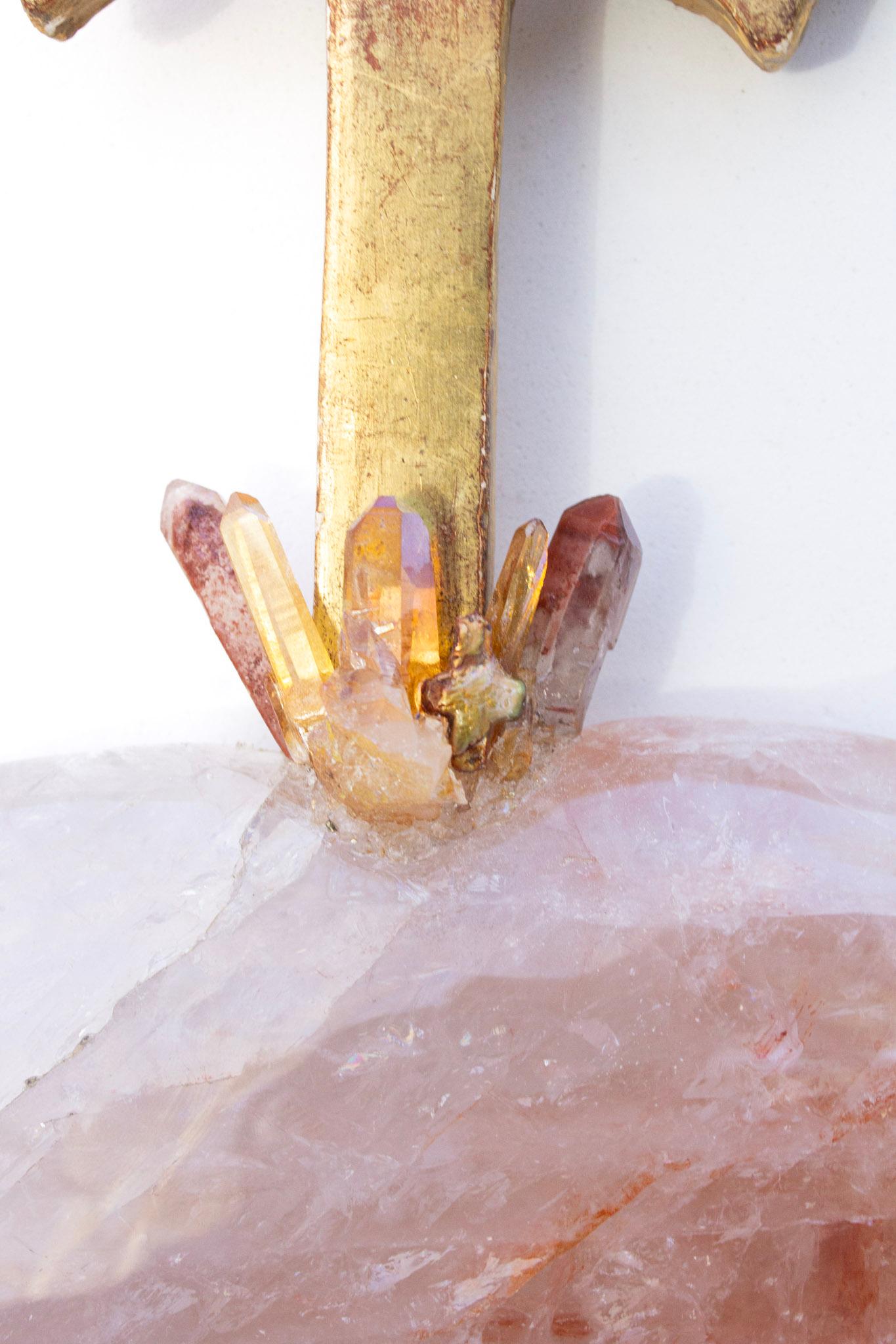 Hand-Carved 18th Century Italian Cross on a Pink Hematoid Quartz Heart with Aurora Crystals For Sale