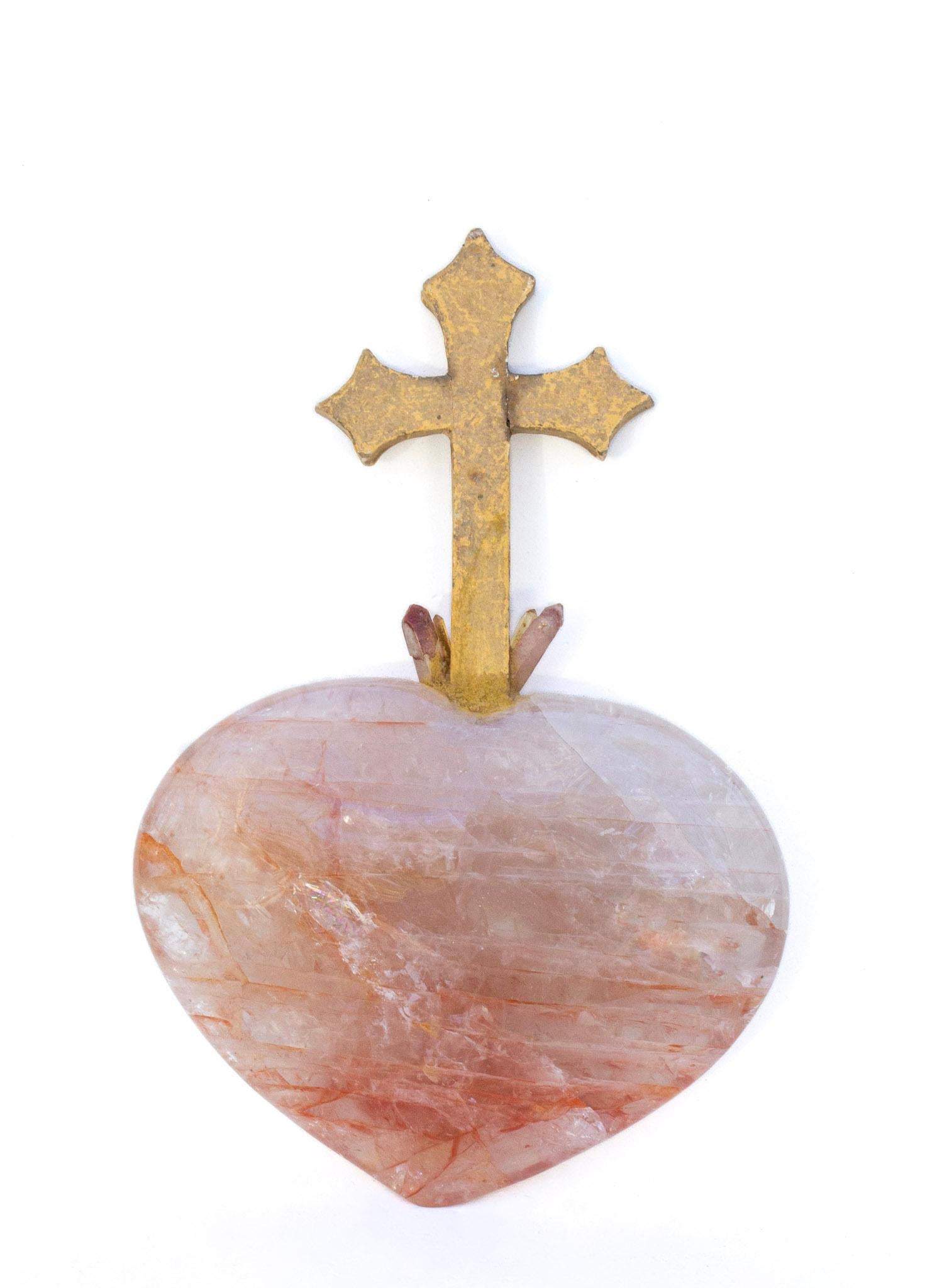 18th Century and Earlier 18th Century Italian Cross on a Pink Hematoid Quartz Heart with Aurora Crystals For Sale