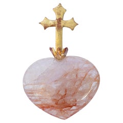 18th Century Italian Cross on a Pink Hematoid Quartz Heart with Aurora Crystals