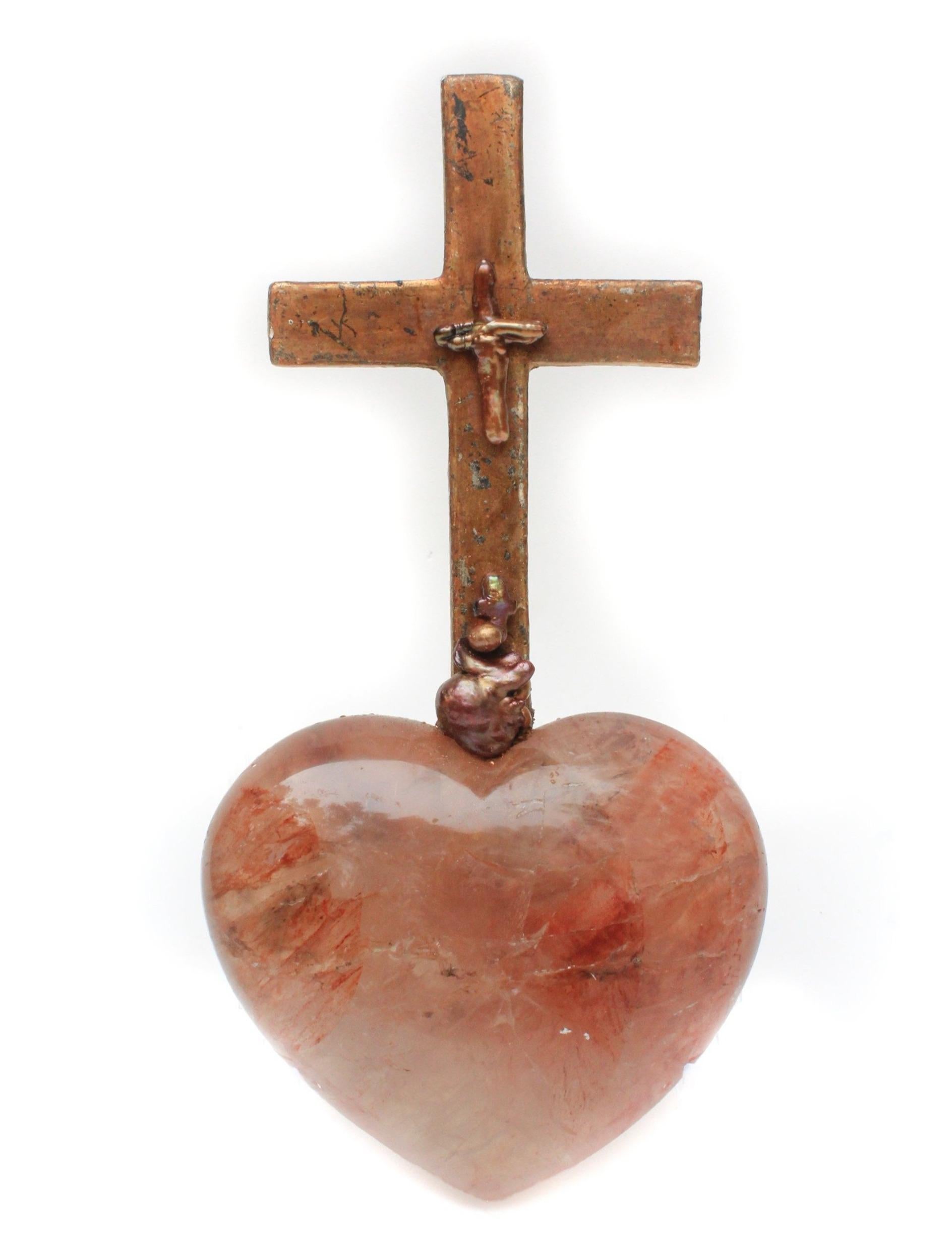 18th Century Italian cross mounted on a polished red hematoid quartz heart and adorned with natural-forming baroque pearls and a cross-shaped baroque pearl. The piece is inspired by 