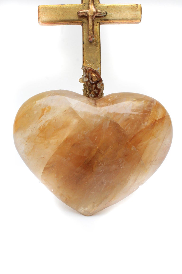 Polished 18th Century Italian Cross on a Yellow Hematoid Quartz Heart with Baroque Pearls For Sale