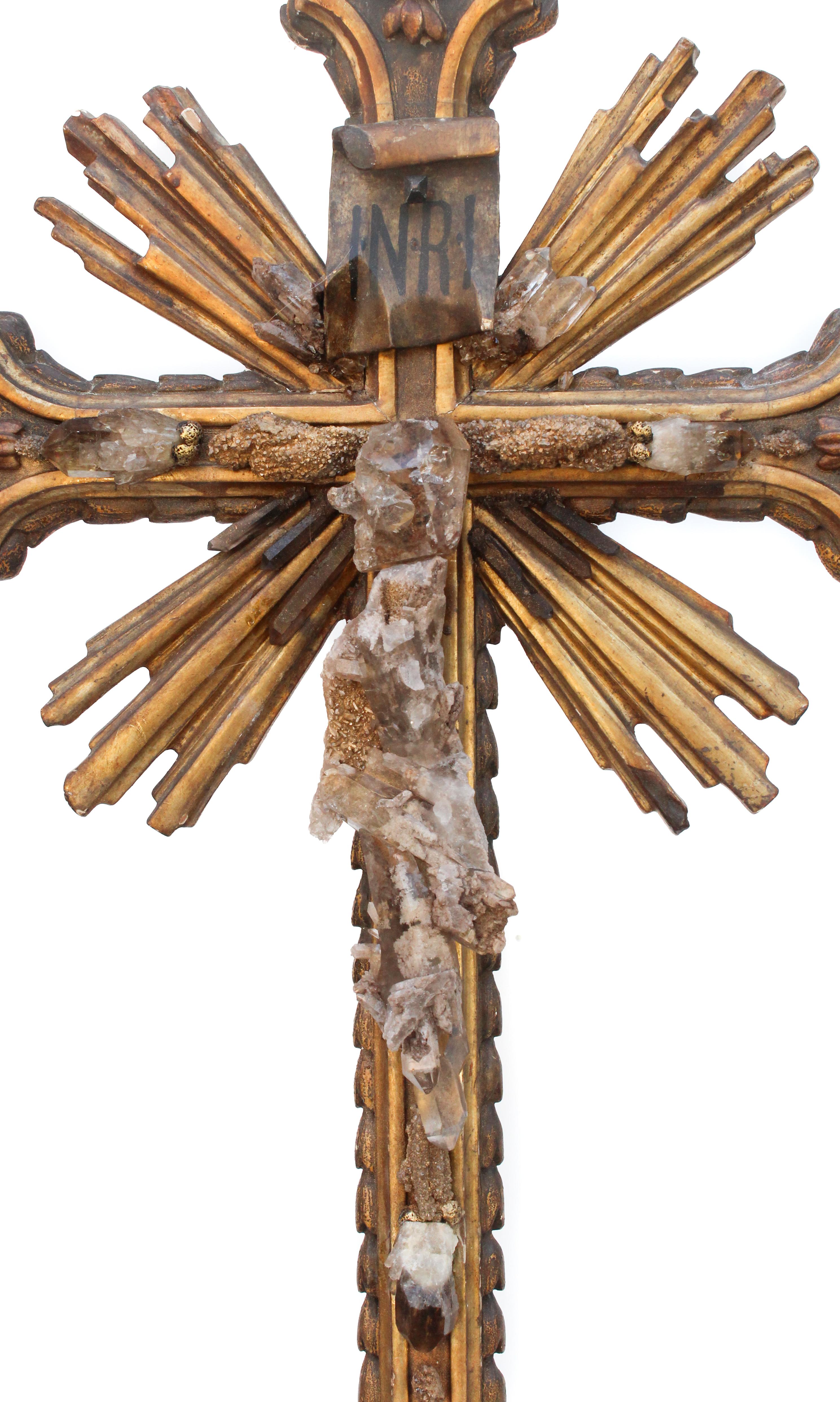 Hand-Carved 18th Century Italian Cross with Smoky Quartz Crystals and Druzy Petrified Wood