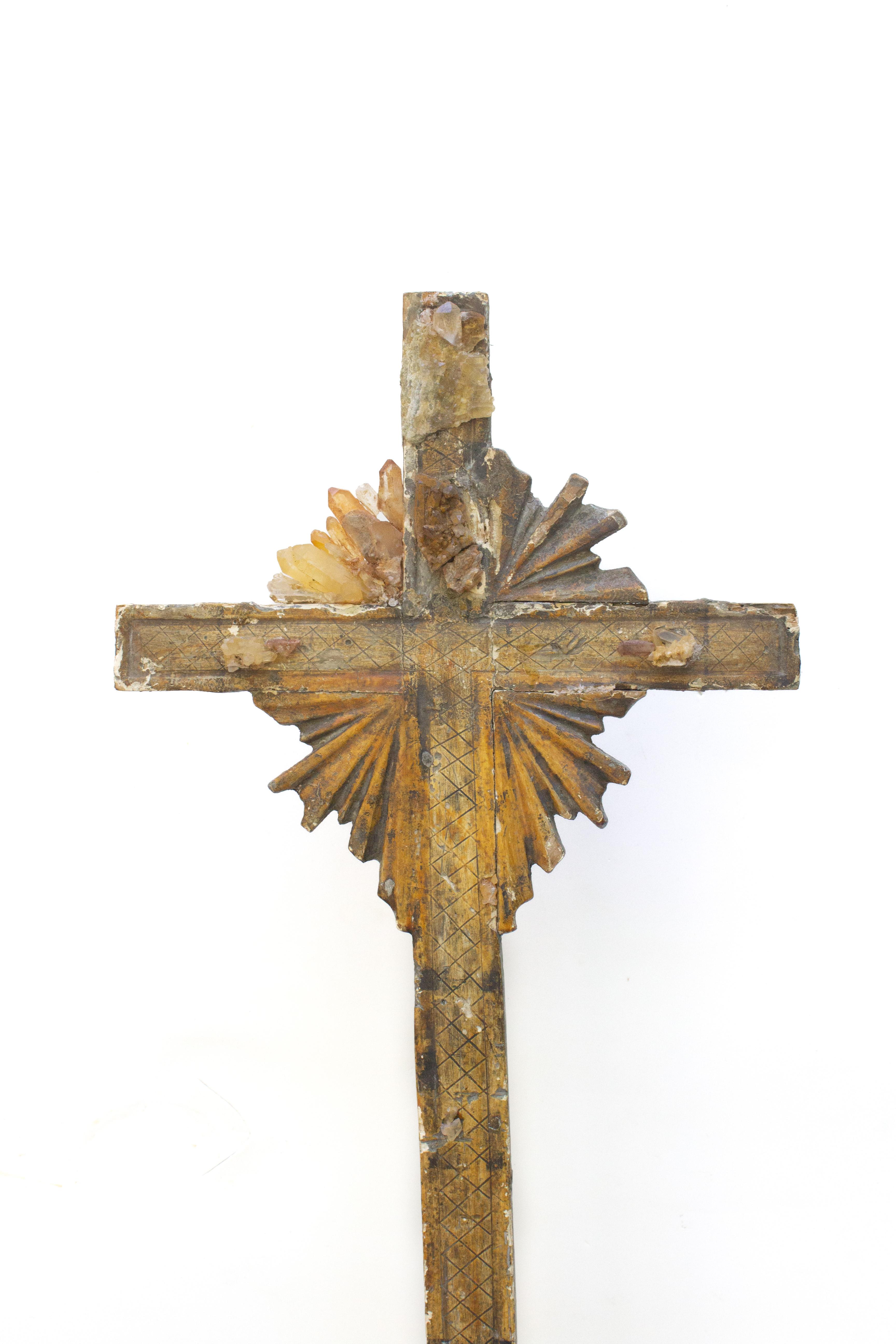 Baroque 18th Century Italian Cross with Tangerine Crystals on a Crystal Cluster Base For Sale