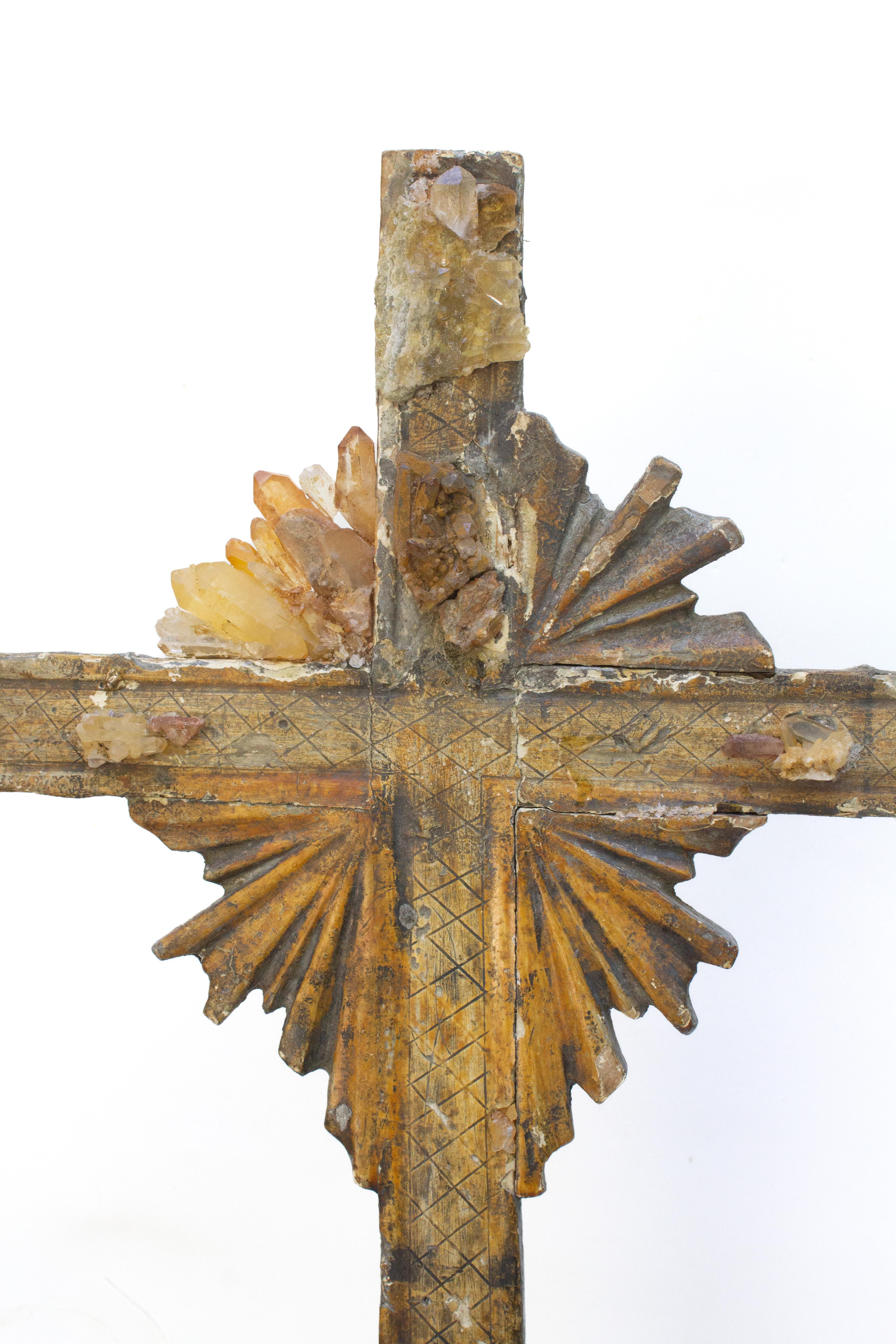 Hand-Carved 18th Century Italian Cross with Tangerine Crystals on a Crystal Cluster Base For Sale