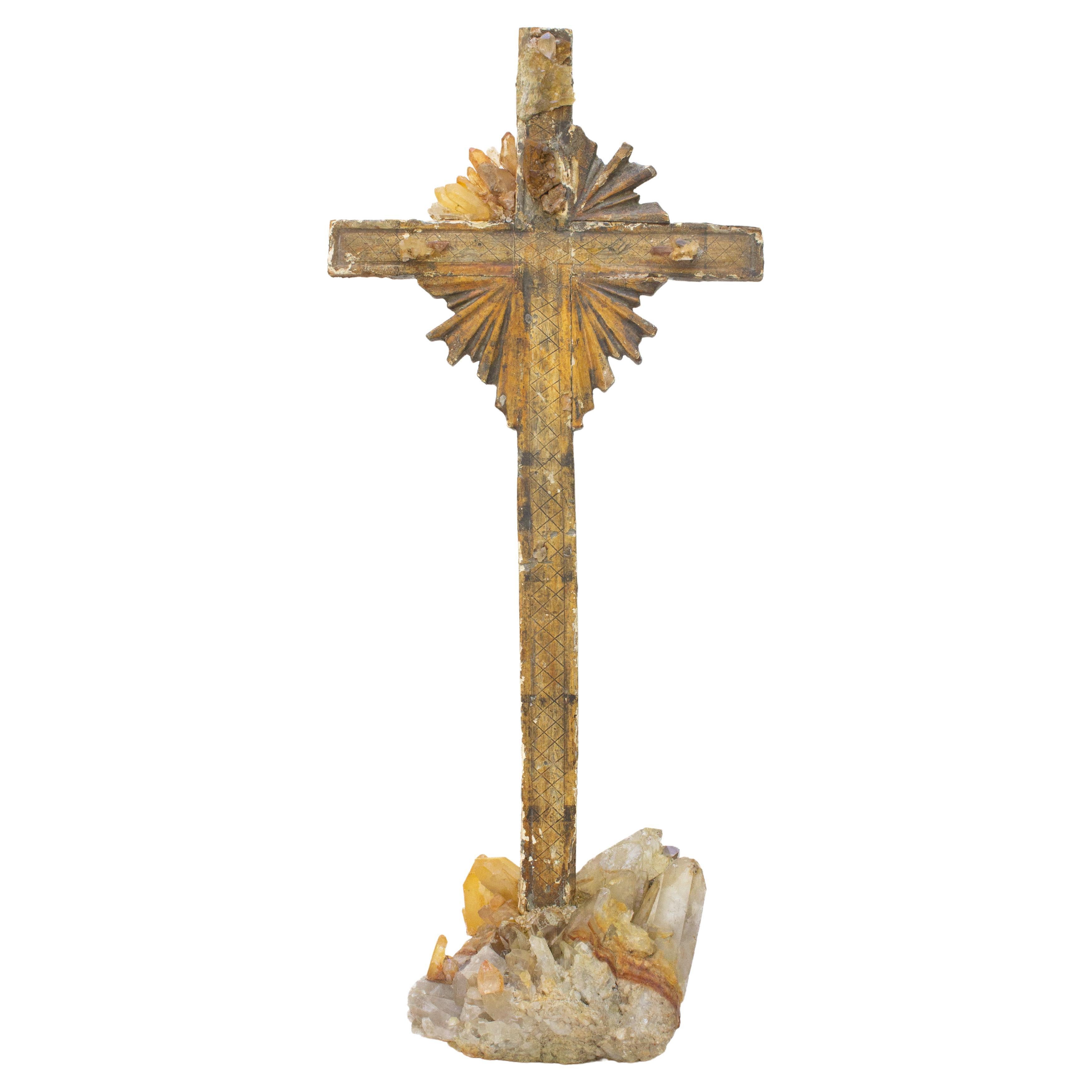 18th Century Italian Cross with Tangerine Crystals on a Crystal Cluster Base For Sale