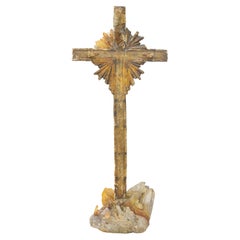 18th Century Italian Cross with Tangerine Crystals on a Crystal Cluster Base