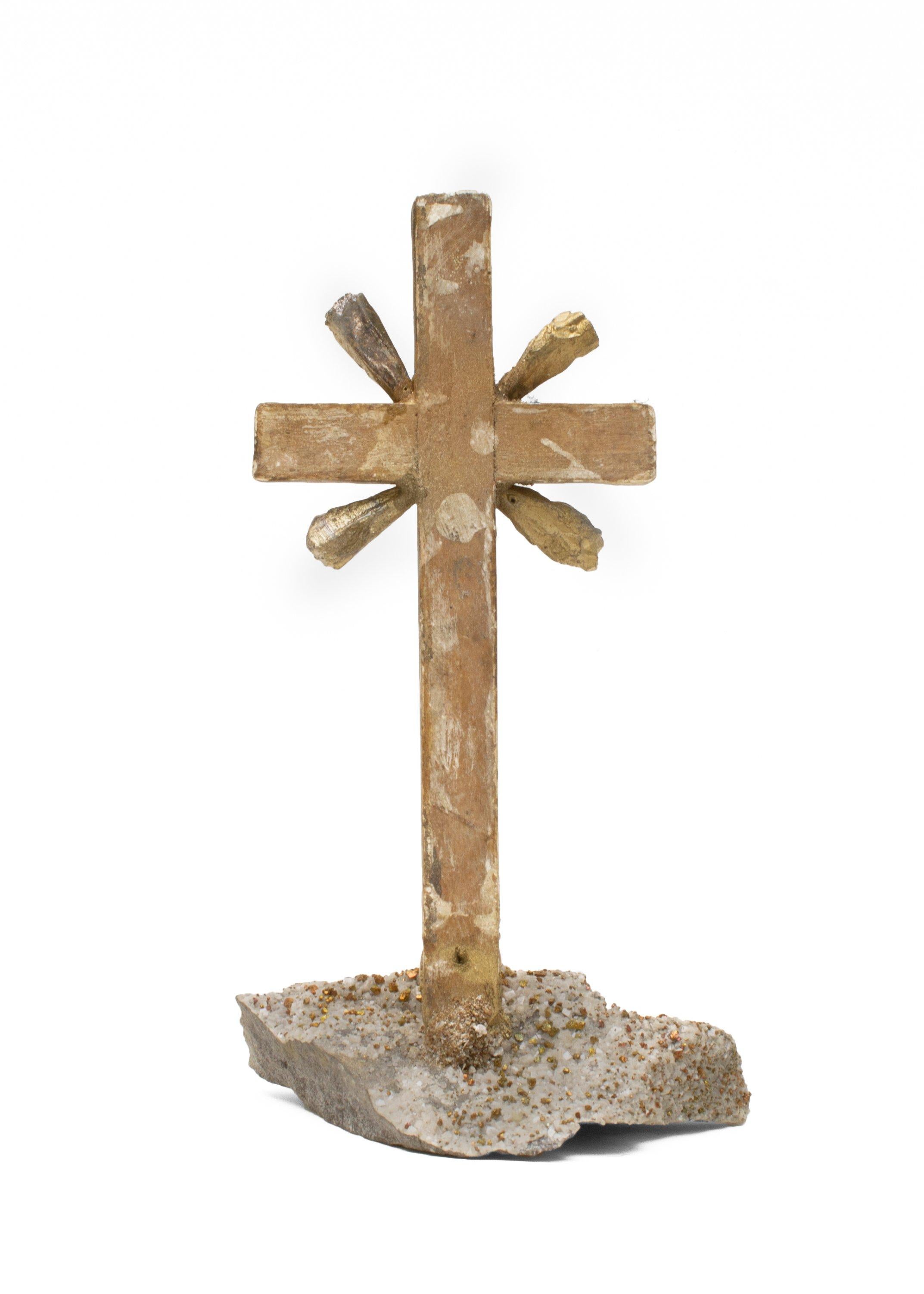 Hand-Carved Italian Crucifix with Crystal Points and Baroque Pearls on Chalcopyrite