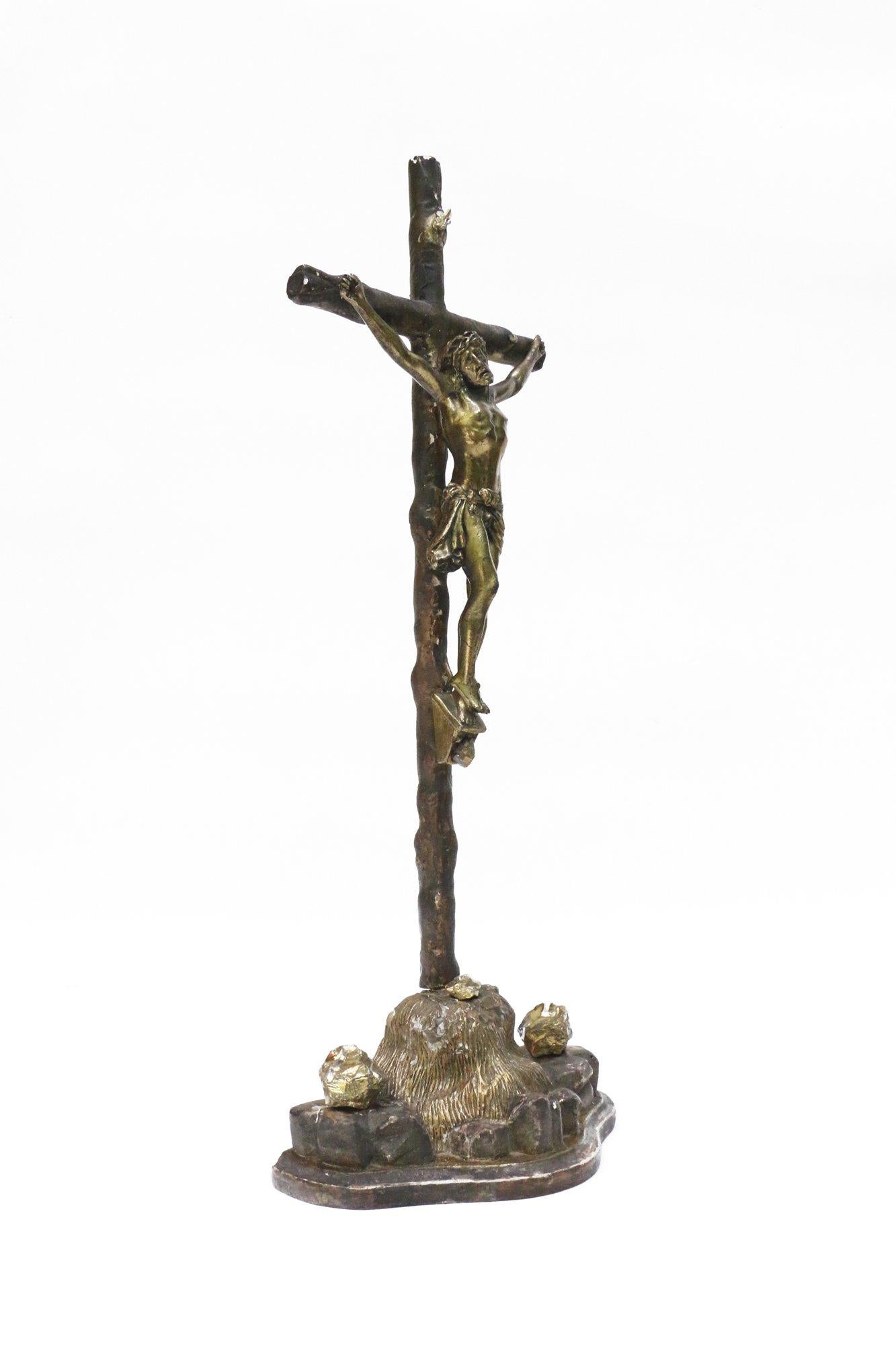 Gold Plate 18th Century Italian Crucifix with Gold-Plated Rock Crystals