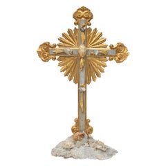 18th Century Italian Cross with Kyanite, Calcite Crystals, and Baroque Pearls