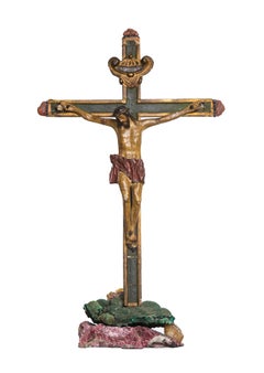 Italienisches Kruzifix aus dem 18. Jahrhundert mit Malachit, Calcite und Himbeer-Granat