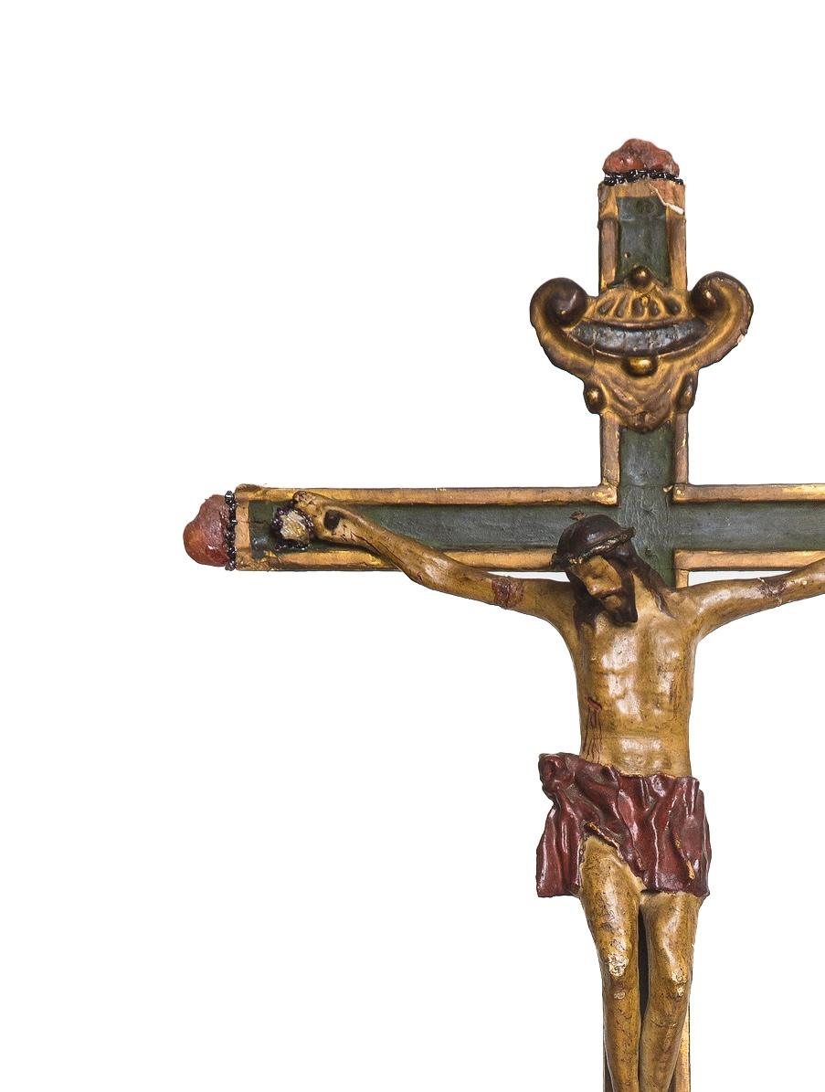 Baroque 18th Century Italian Crucifix with Malachite, Calcite, and Raspberry Garnet For Sale