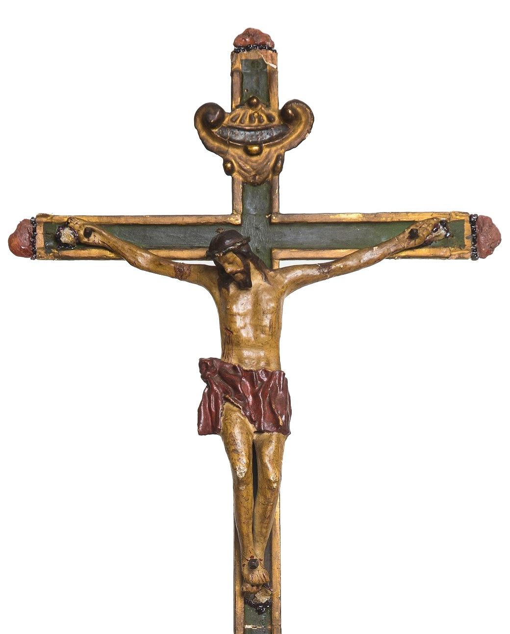 Italienisches Kruzifix aus dem 18. Jahrhundert mit Malachit, Calcite und Himbeer-Granat (Handgeschnitzt) im Angebot