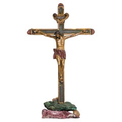 Crucifijo italiano del siglo XVIII con malaquita, calcita y granate frambuesa