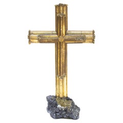 18th Century Italian Double-Mounted Cross on Hematite with Pyrite Inclusions