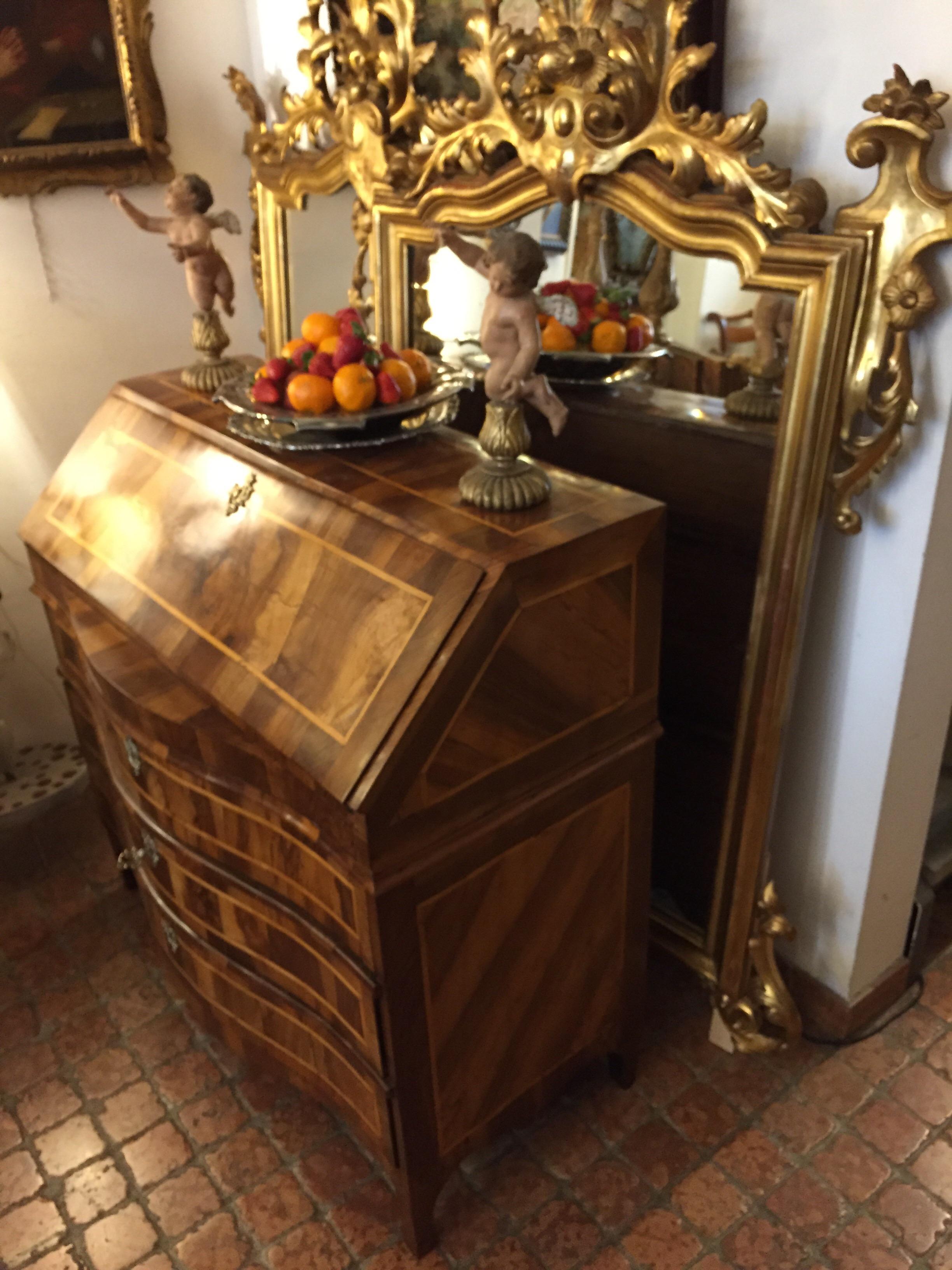18th Century Italian Drop Front Bureau Burl Walnut Marquetry Cabinet For Sale 5