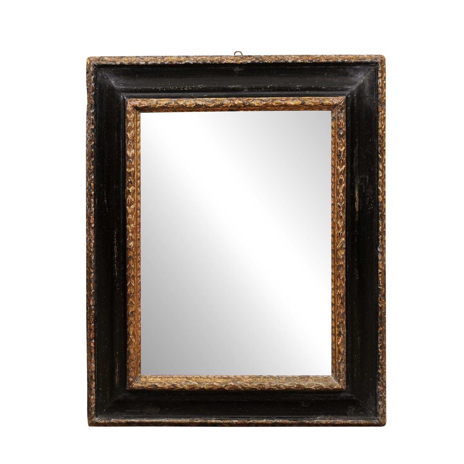 18th Century and Earlier  18th Century Italian Ebonized and Parcel Gilt Rectangular Frame with Mirror