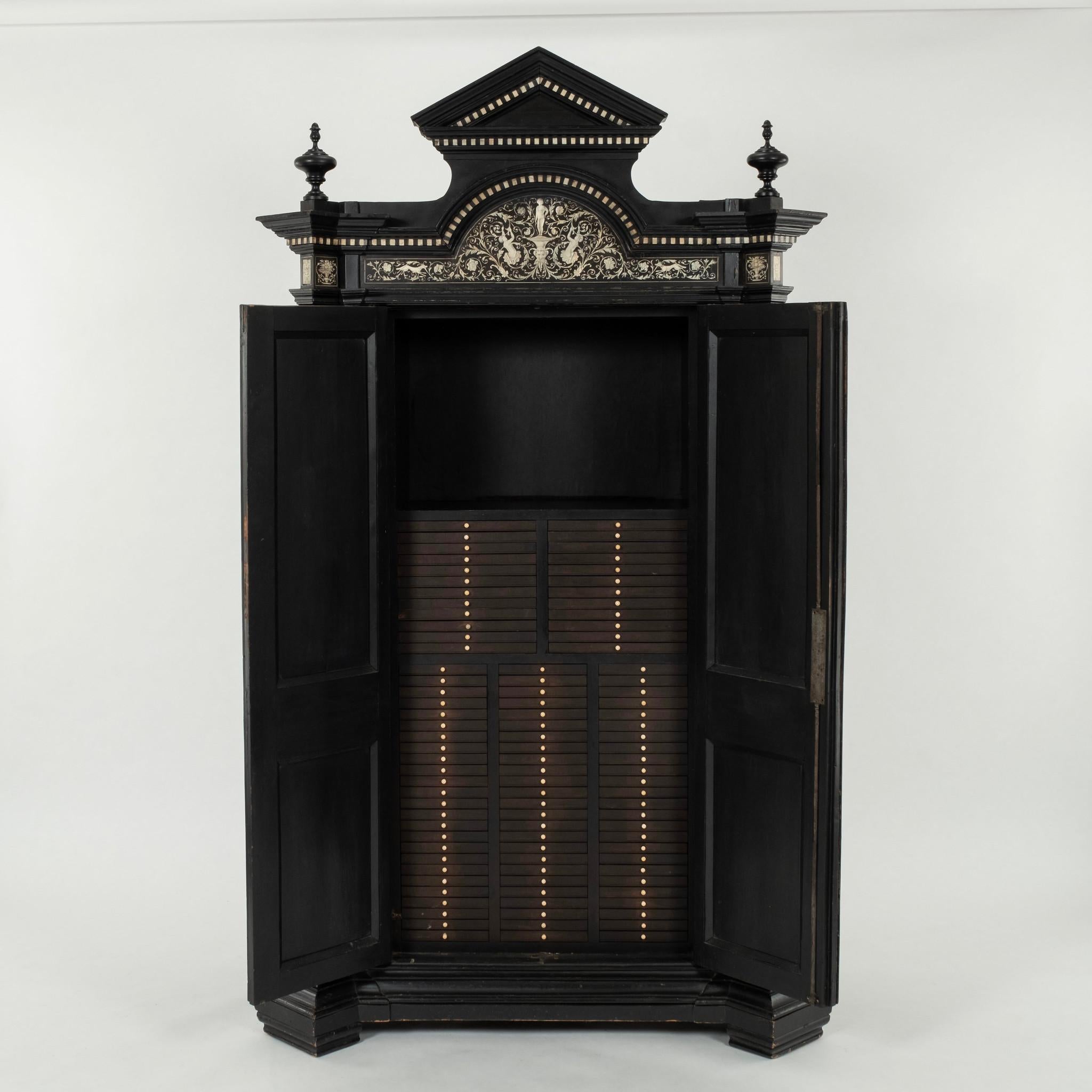 Wood 18th Century Italian Ebonized Inlaid Collectors Cabinet For Sale