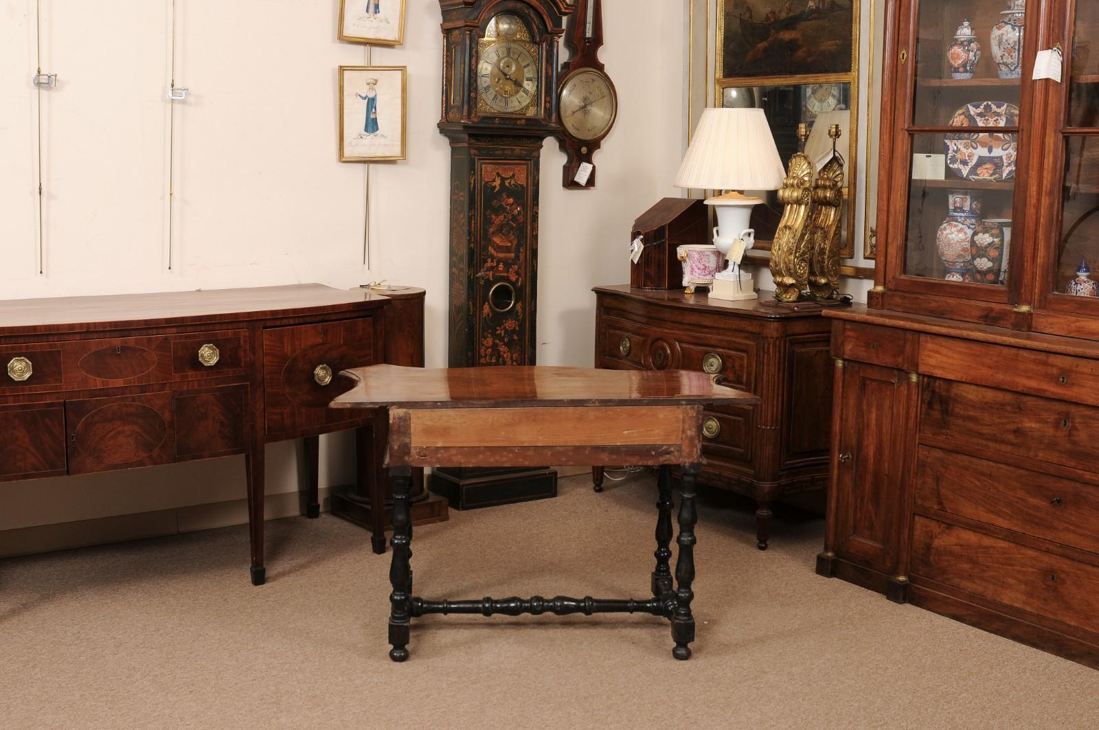 18th Century Italian Ebonized Walnut Console with Serpentine Top, Drawer & Turne 6