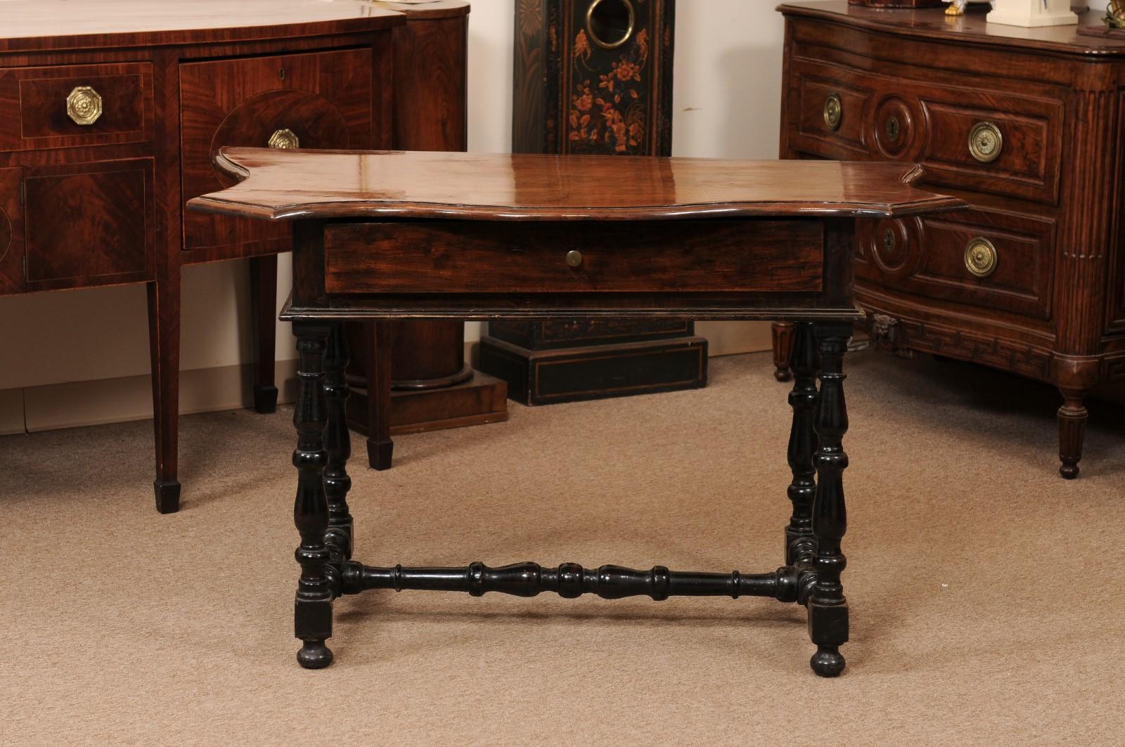 18th Century Italian Ebonized Walnut Console with Serpentine Top, Drawer & Turne 10