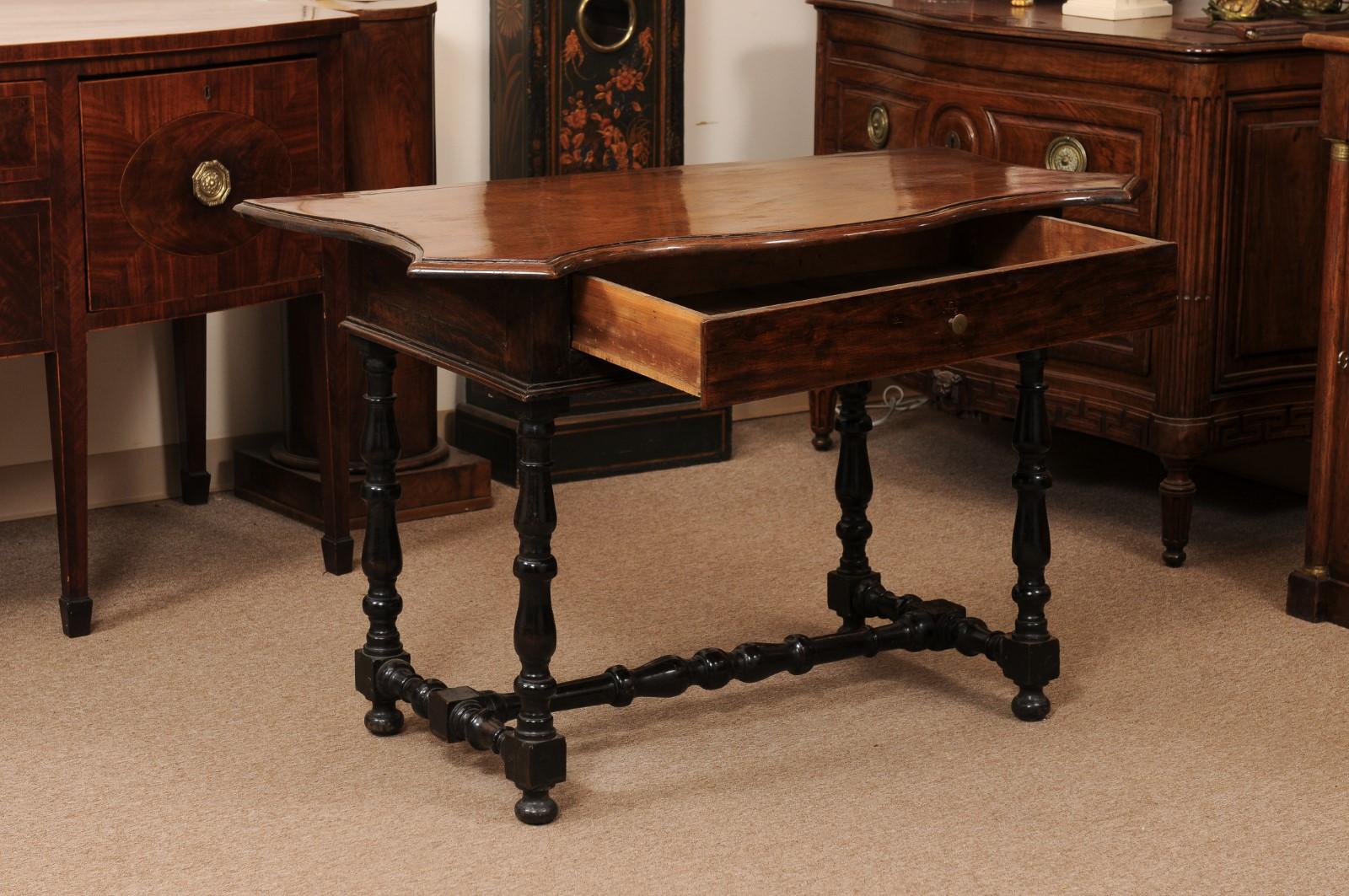 18th Century and Earlier 18th Century Italian Ebonized Walnut Console with Serpentine Top, Drawer & Turne