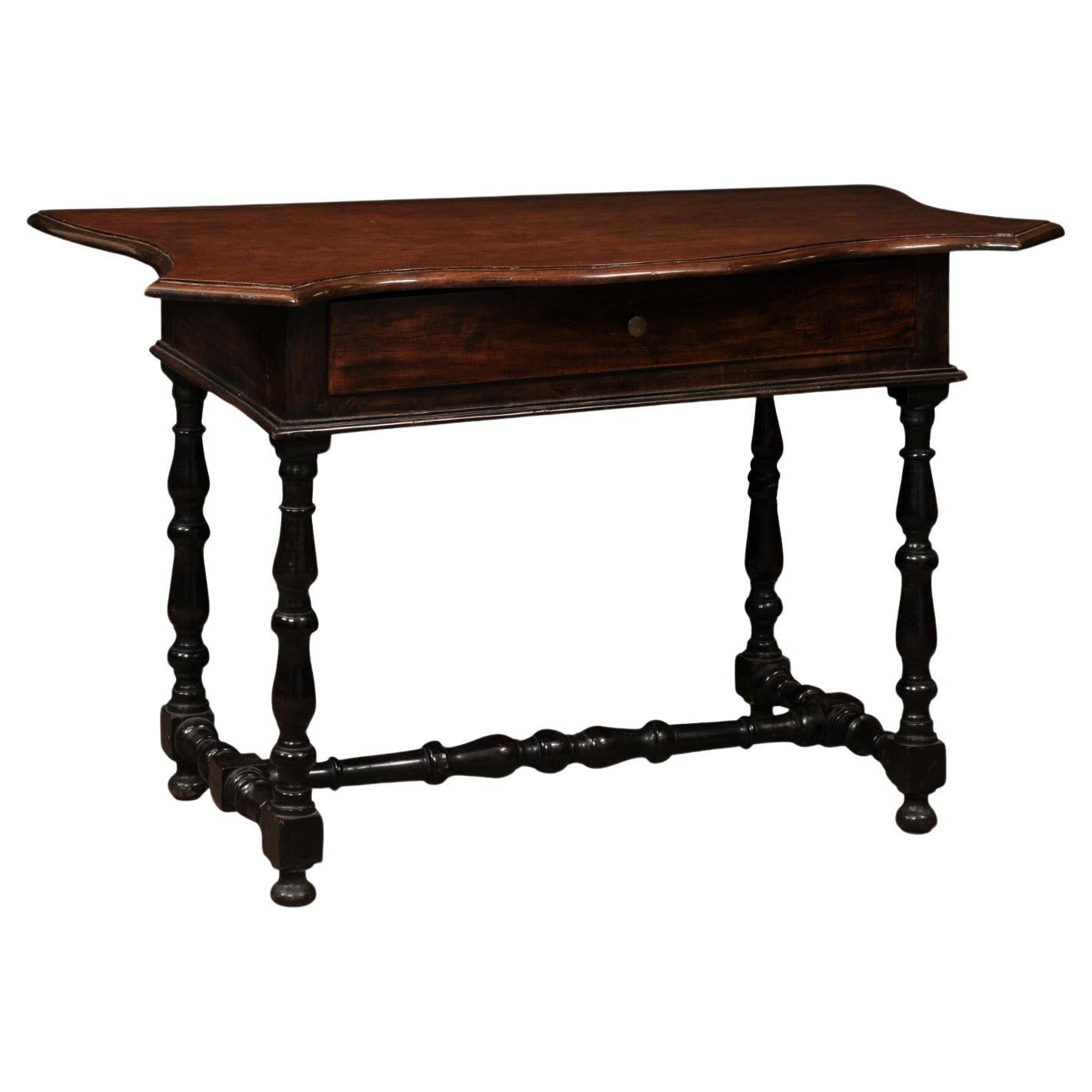 18th Century Italian Ebonized Walnut Console with Serpentine Top, Drawer & Turne